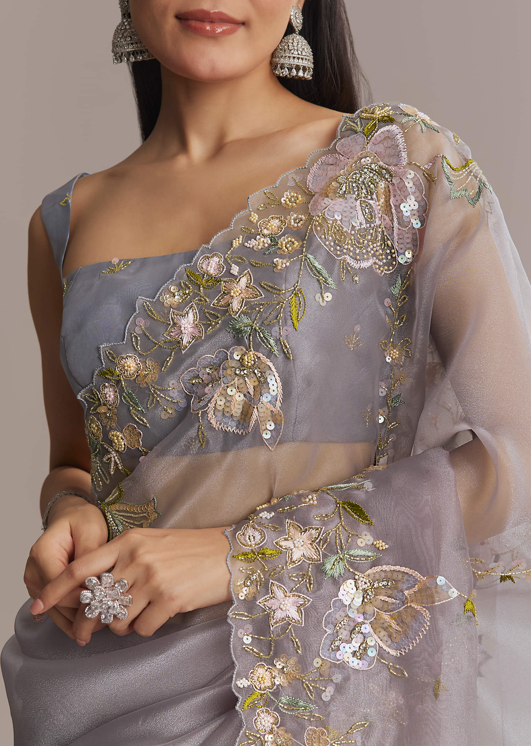 Grey Tissue Saree With Resham And Moti Embroidery - Image 2