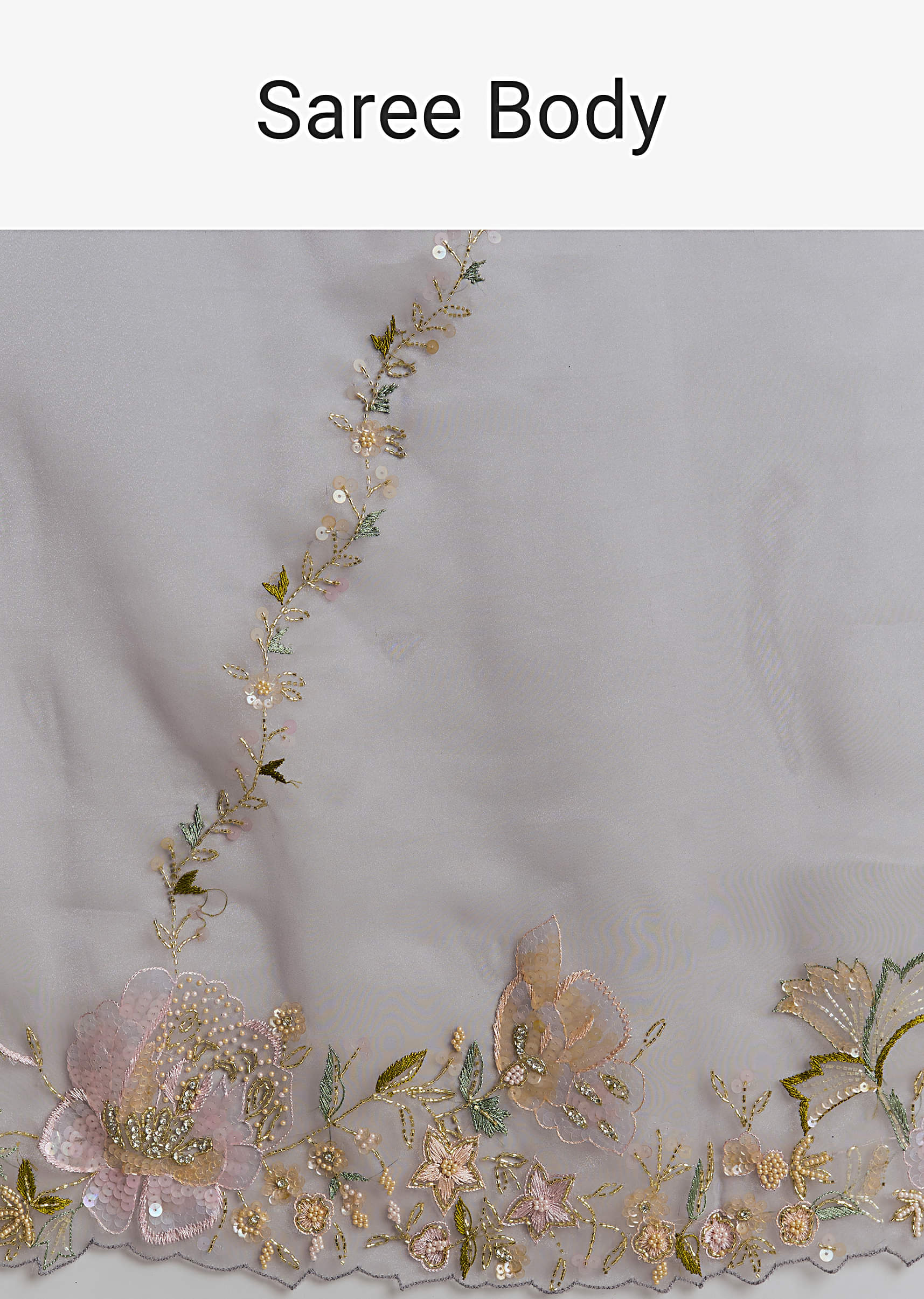 Grey Tissue Saree With Resham And Moti Embroidery - Image 8