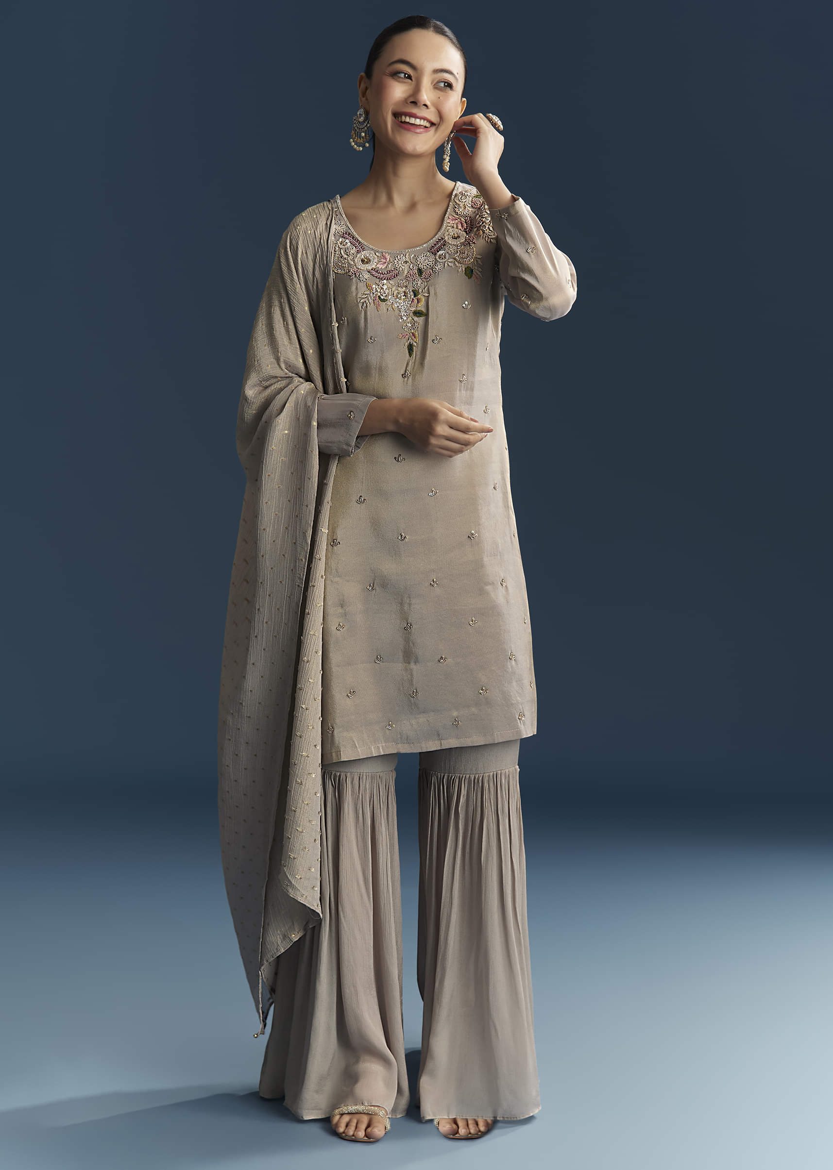 Grey Tissue Sharara Suit With Zardosi And Resham Embroidery - Image 3