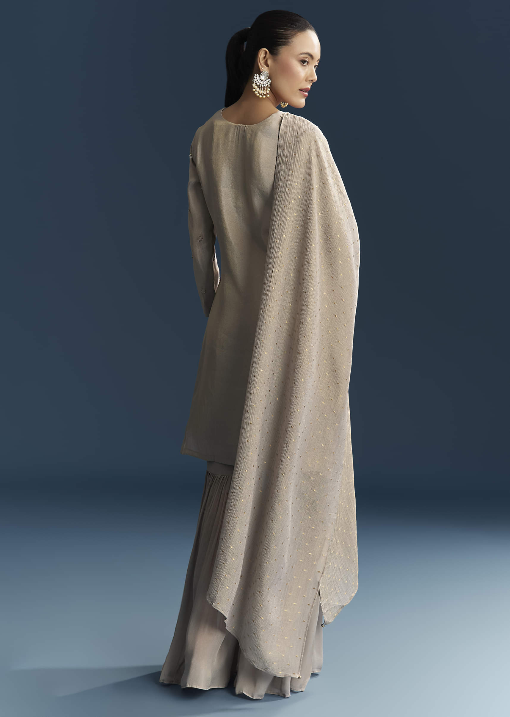 Grey Tissue Sharara Suit With Zardosi And Resham Embroidery - Image 5