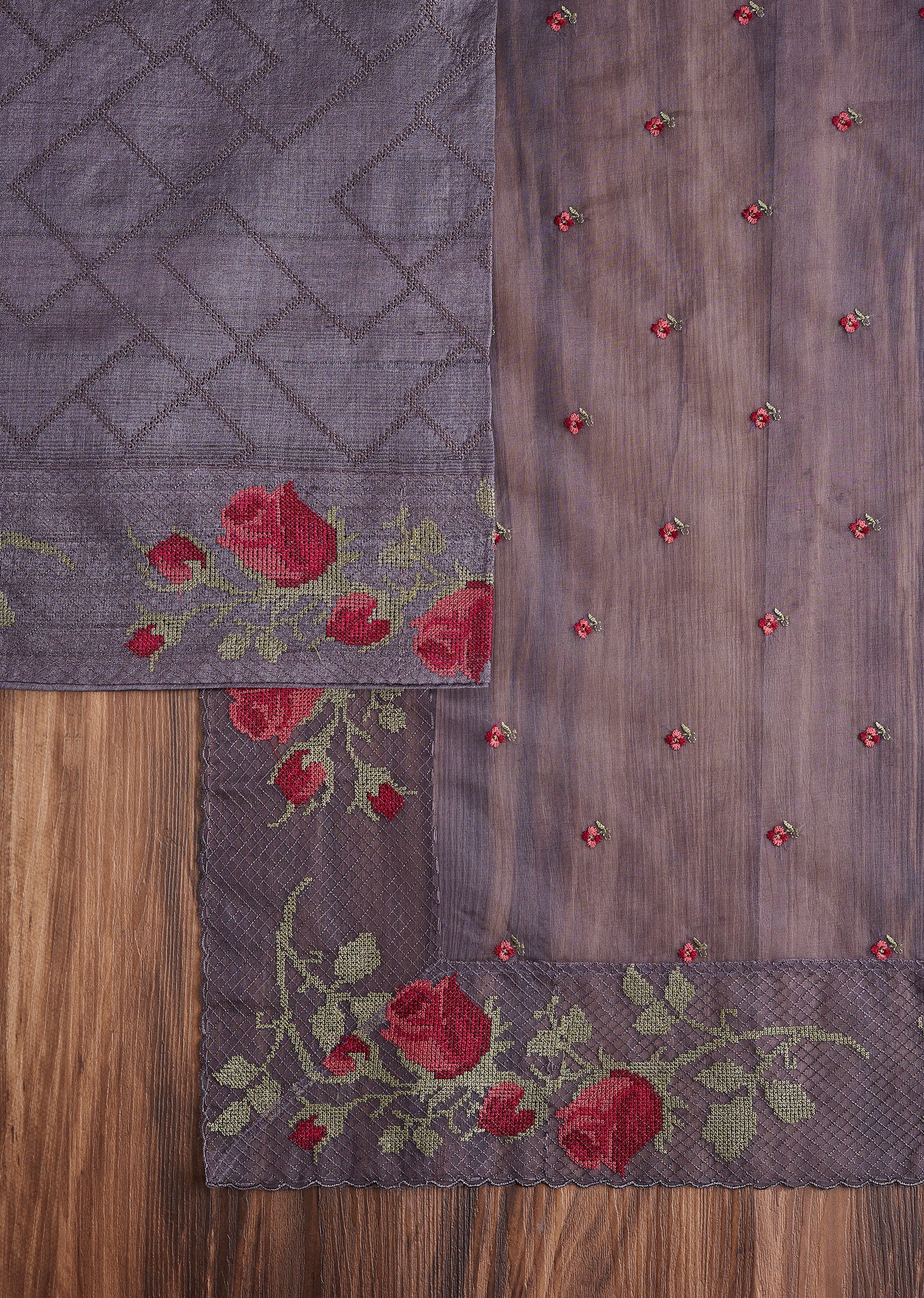 Grey Tussar Embroidered Suit - Image 3