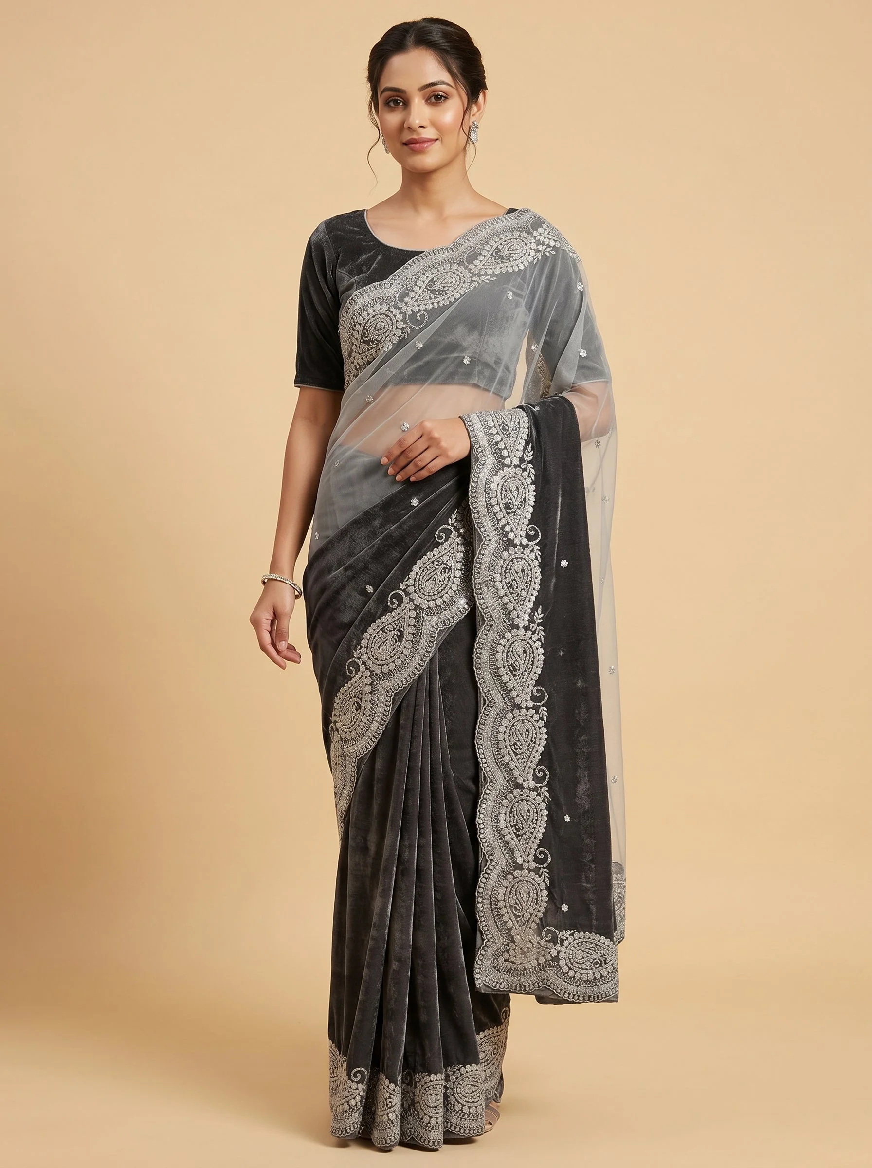 Grey Urban Embroidery Embroidered Saree