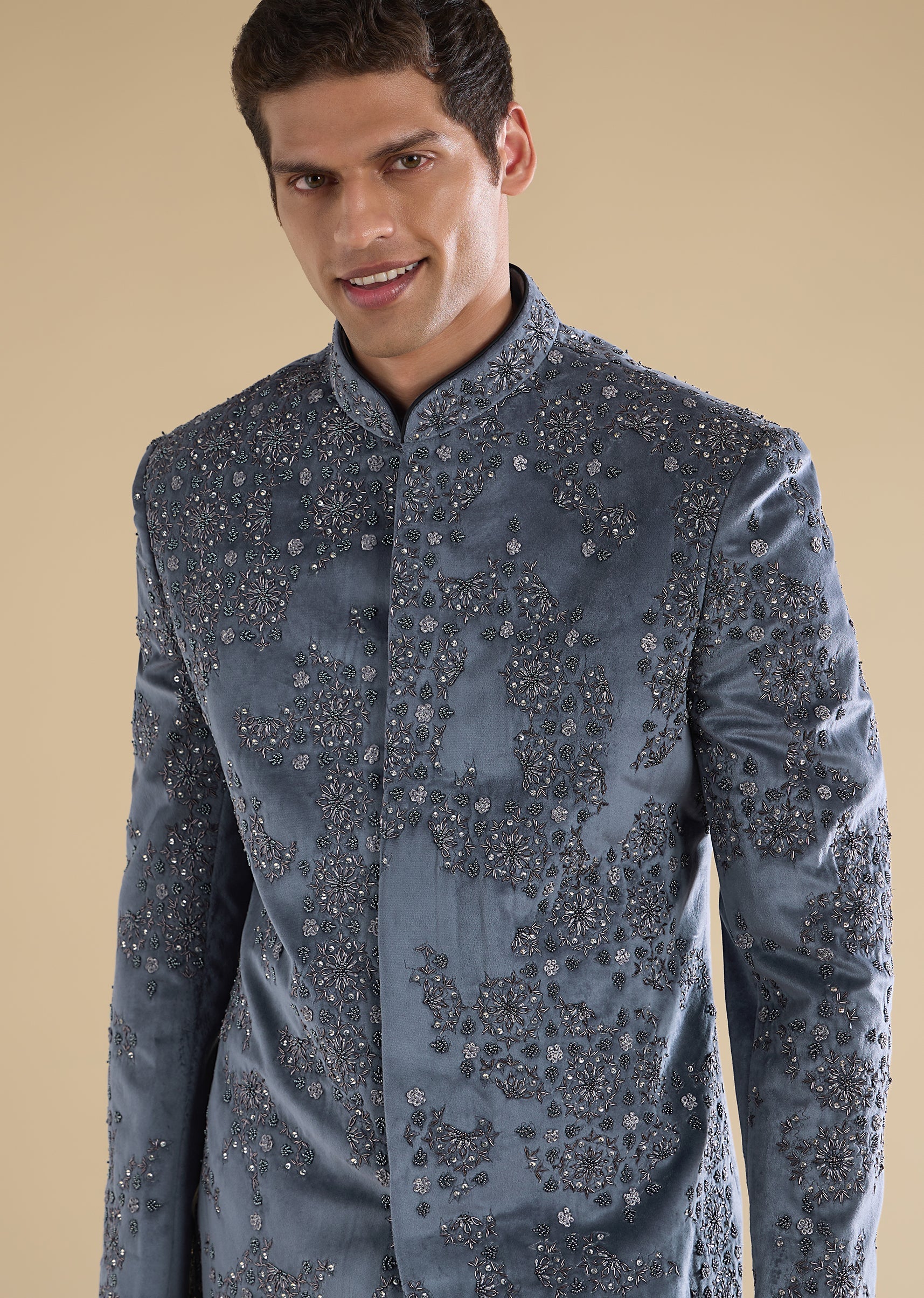 Grey Velvet Embellished Indo Western Set - Image 2