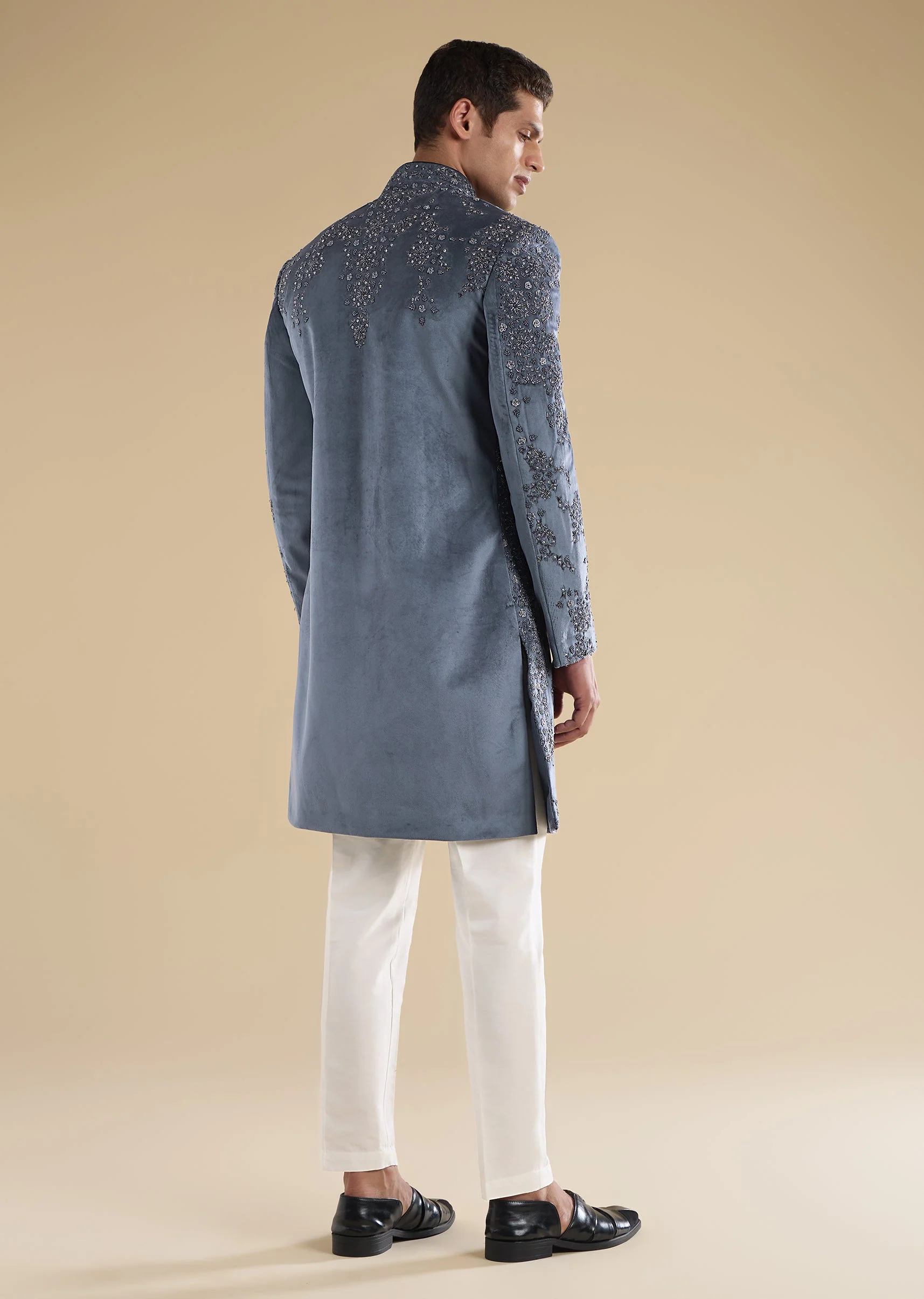 Grey Velvet Embellished Indo Western Set - Image 5