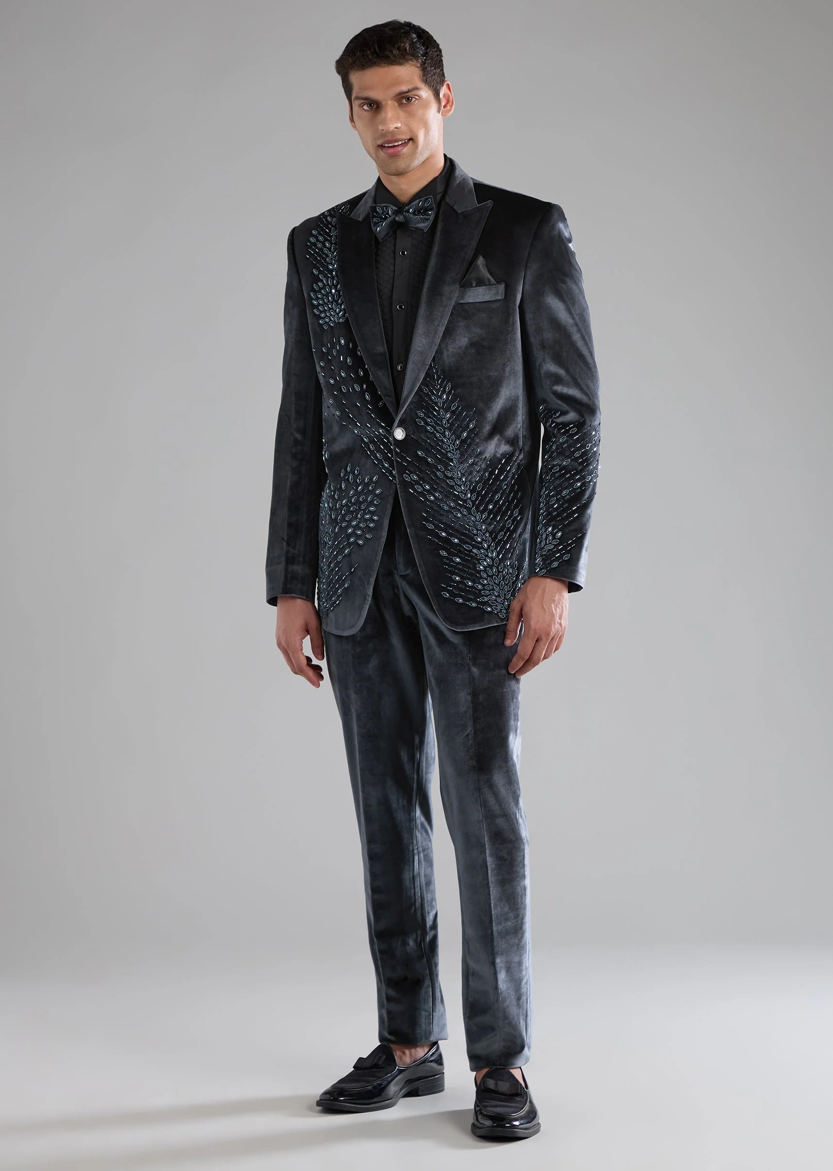 Grey Velvet Tuxedo with Cutdana Work - Image 3