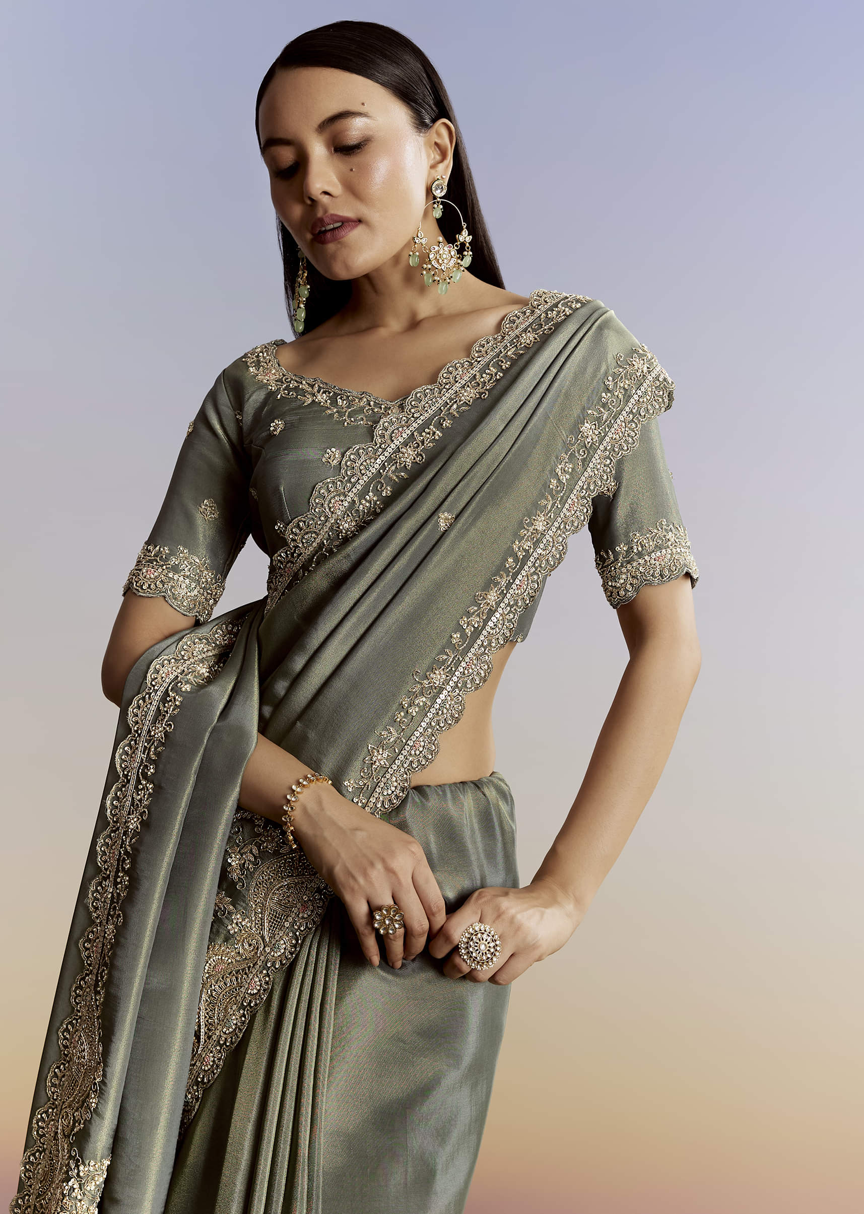 Greyish Blue Tissue Saree With French Knot Resham Embroidery - Image 5