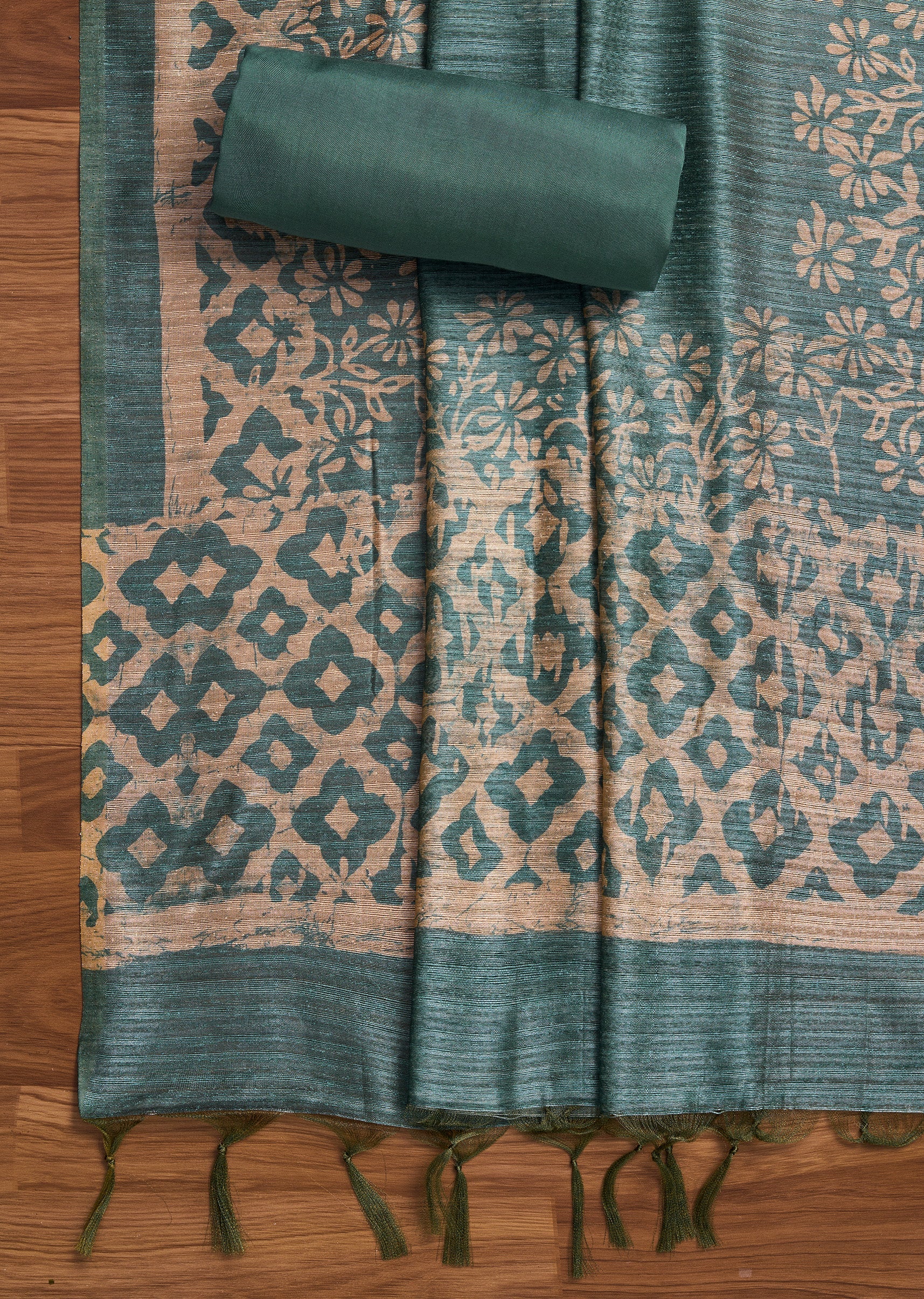 Greyish Blue Tussar Unstitched Suit With Dupatta - Image 4