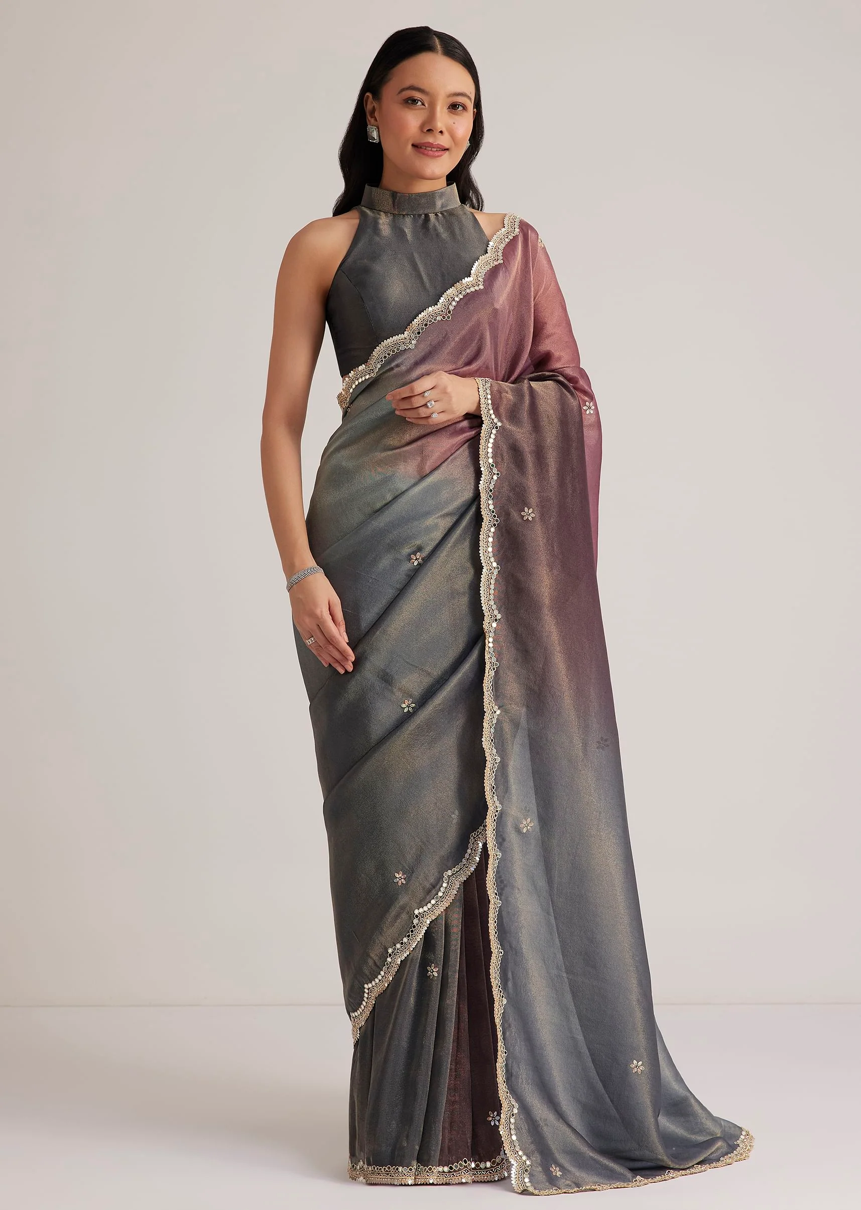 Greyish Purple Ombre Tissue Saree With Scallop Border - Image 5