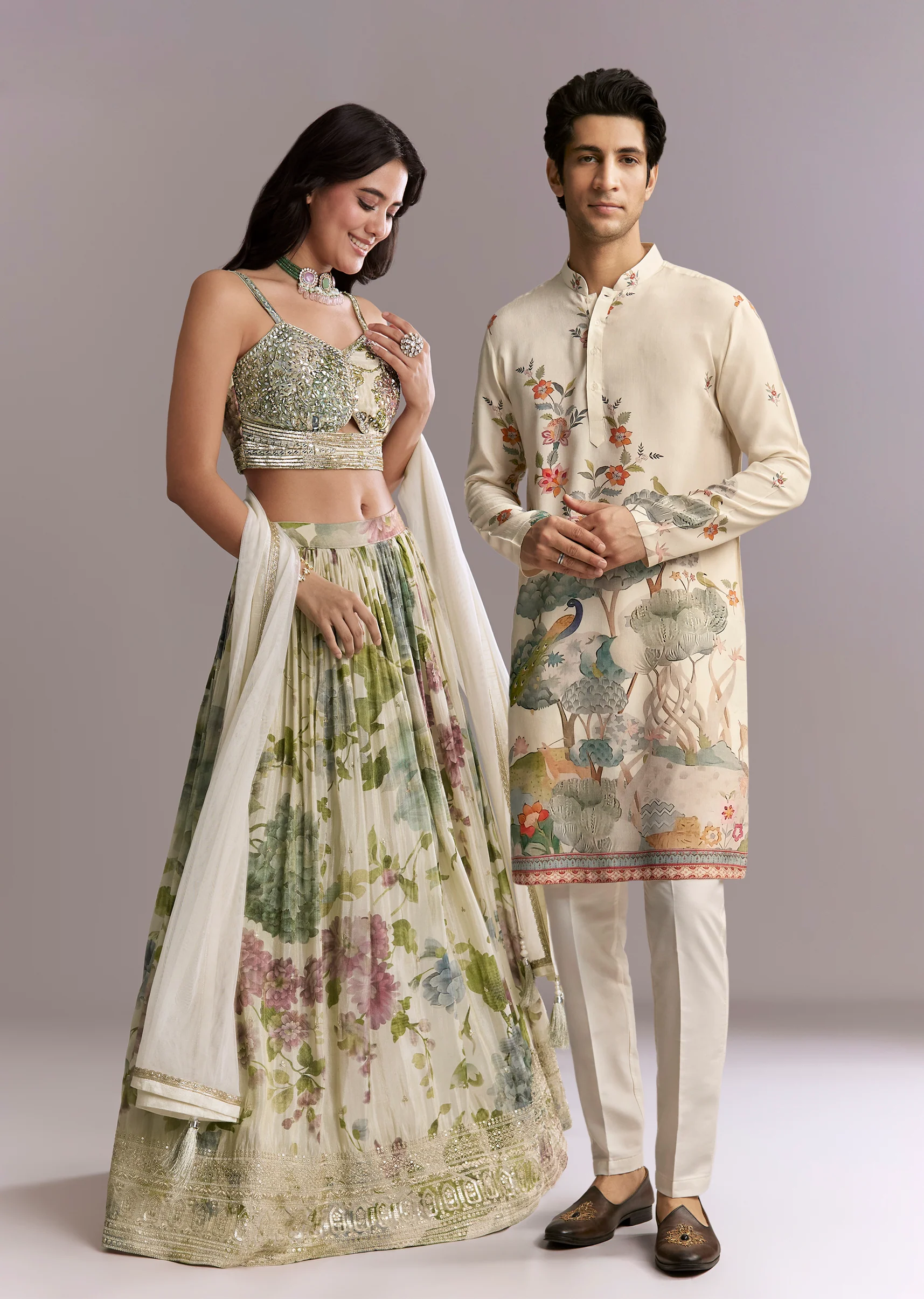 Groomsmen & Bridesmaid Set – Ivory Tissue Bridesmaid Lehenga For Her And Off-White Scenic Print Silk Kurta Set For Him