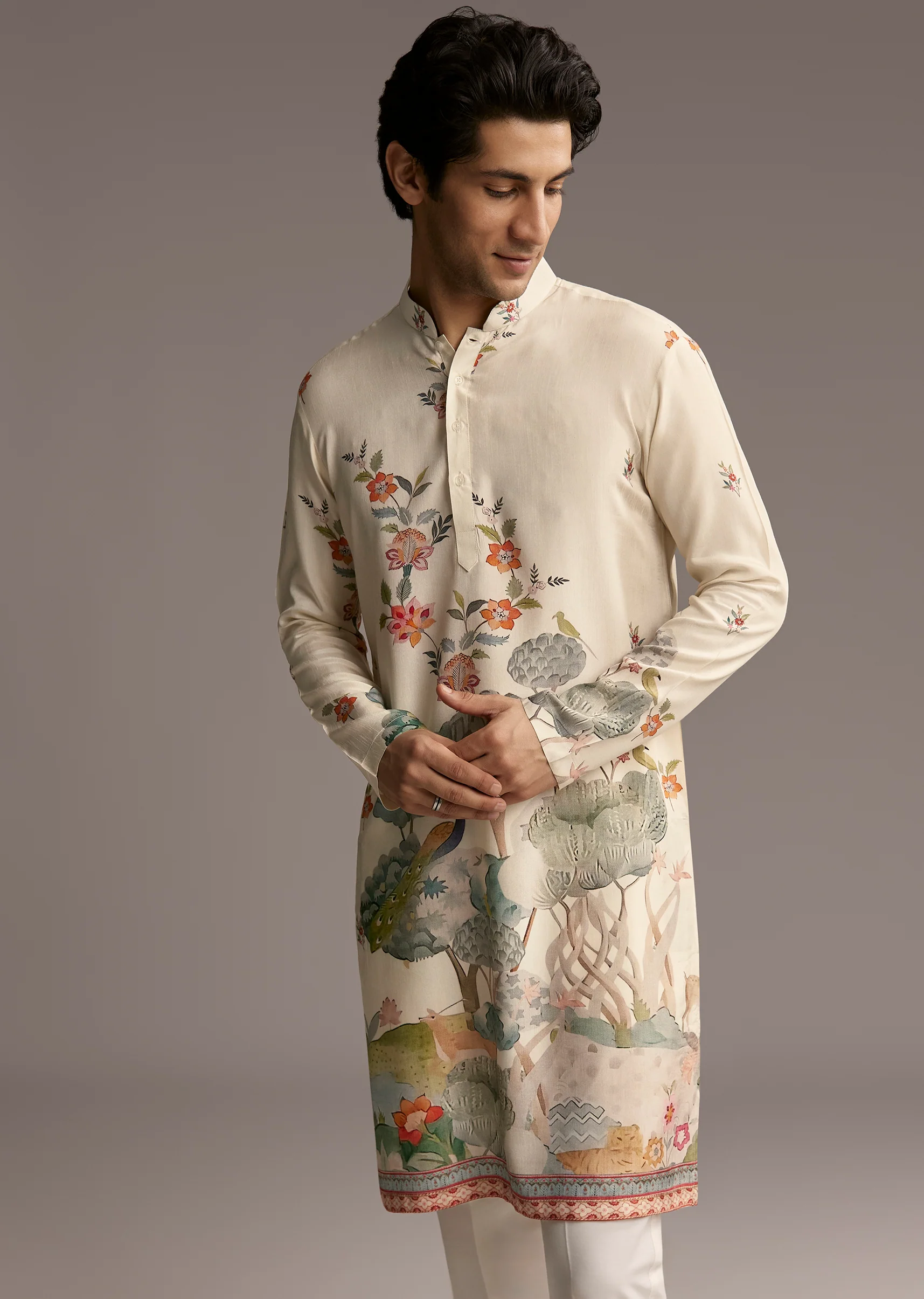 Groomsmen & Bridesmaid Set – Ivory Tissue Bridesmaid Lehenga For Her And Off-White Scenic Print Silk Kurta Set For Him - Image 10