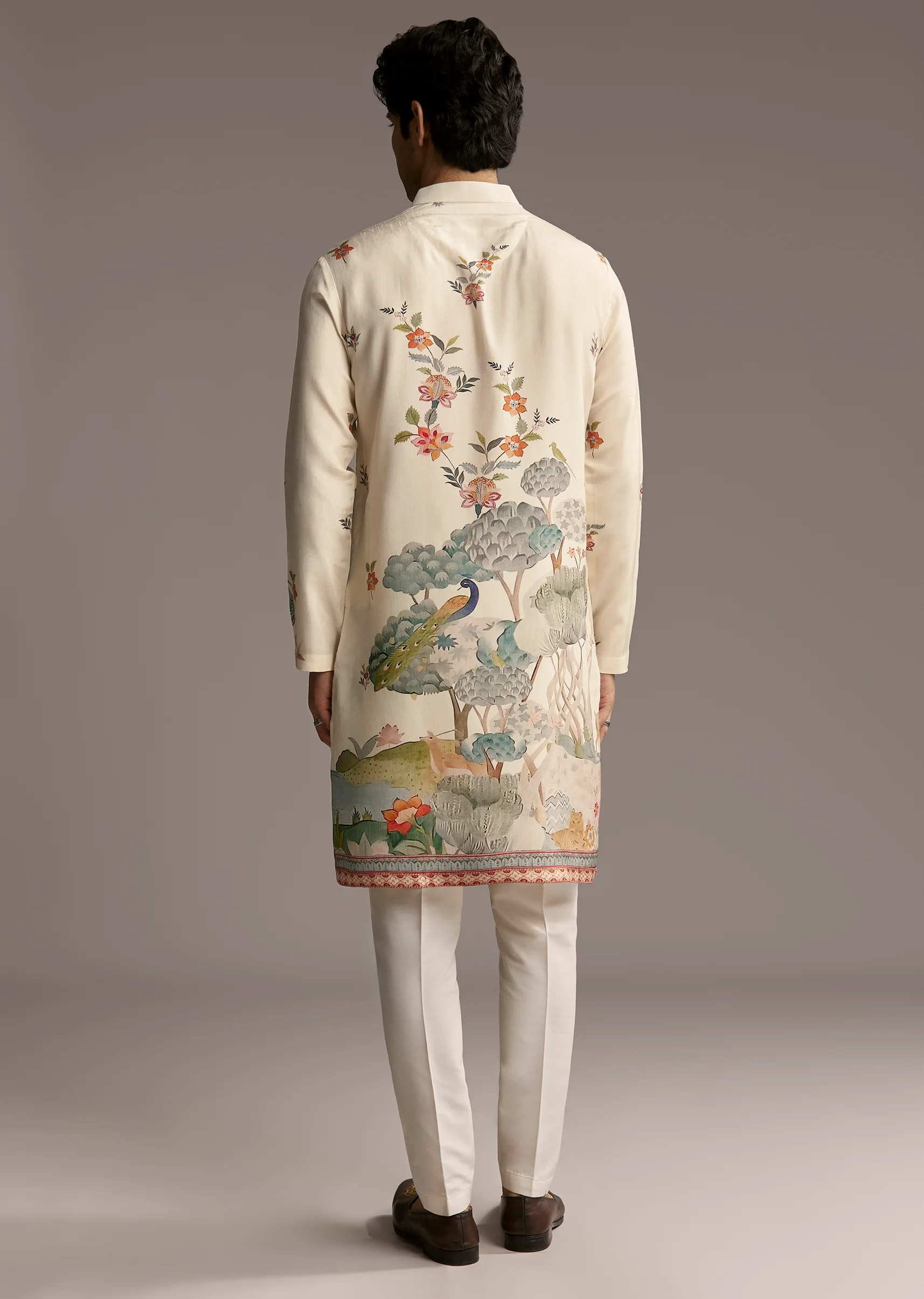 Groomsmen & Bridesmaid Set – Ivory Tissue Bridesmaid Lehenga For Her And Off-White Scenic Print Silk Kurta Set For Him - Image 11