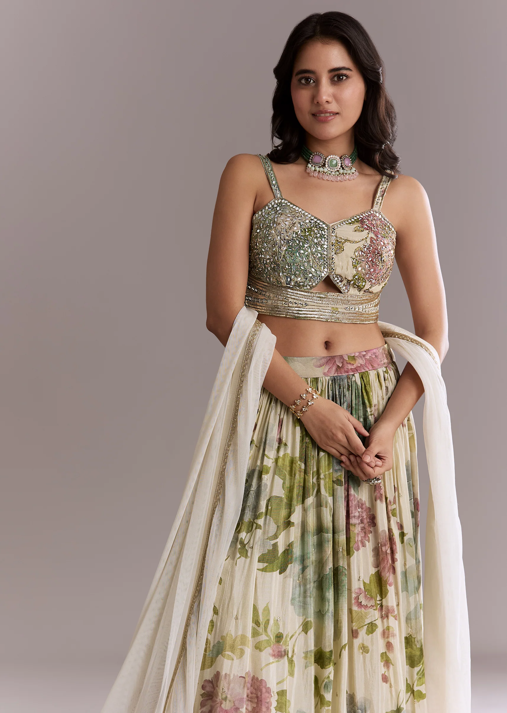 Groomsmen & Bridesmaid Set – Ivory Tissue Bridesmaid Lehenga For Her And Off-White Scenic Print Silk Kurta Set For Him - Image 5
