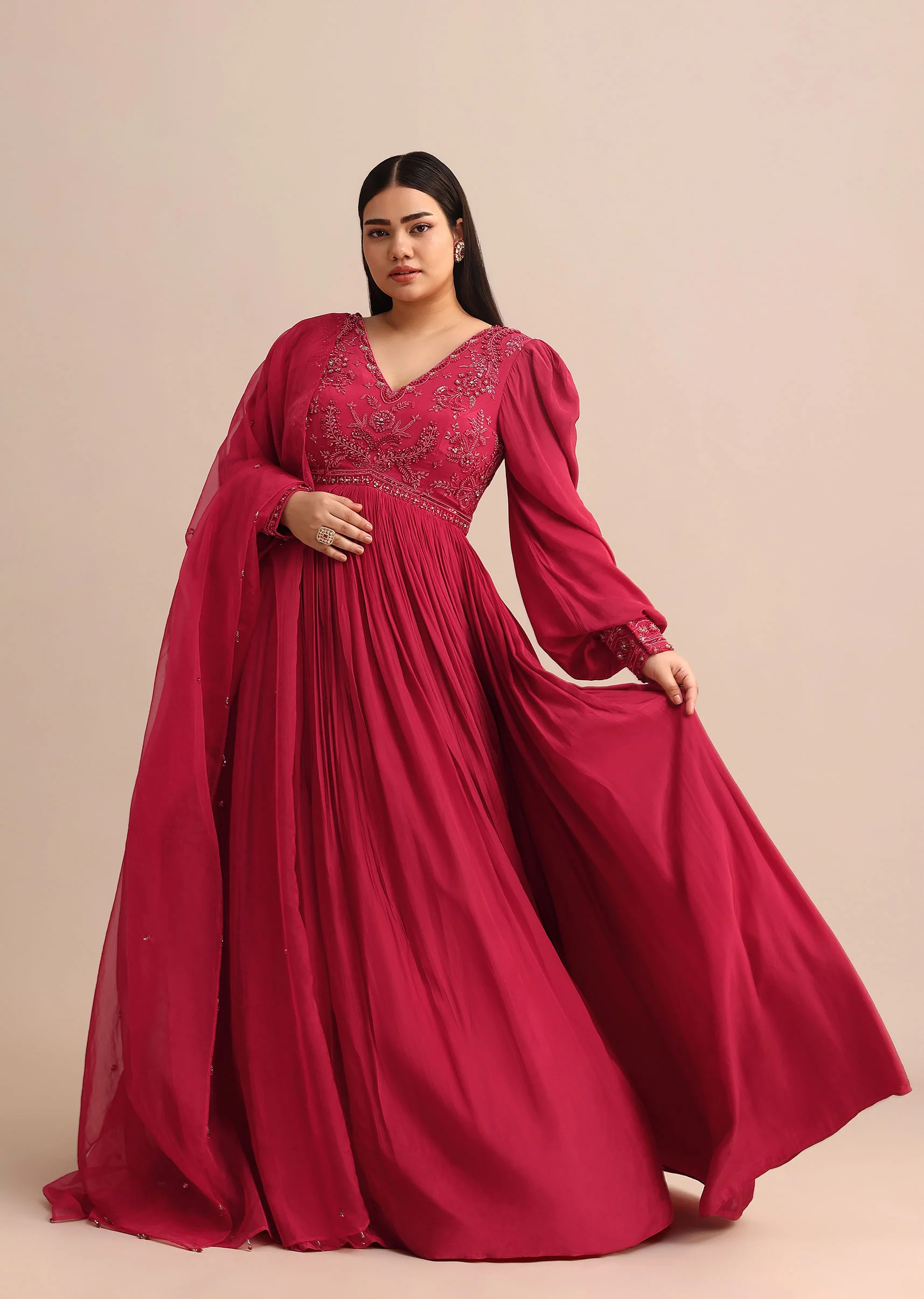 Hand Embroidery Red Anarkali Suit With Organza Dupatta - Image 3