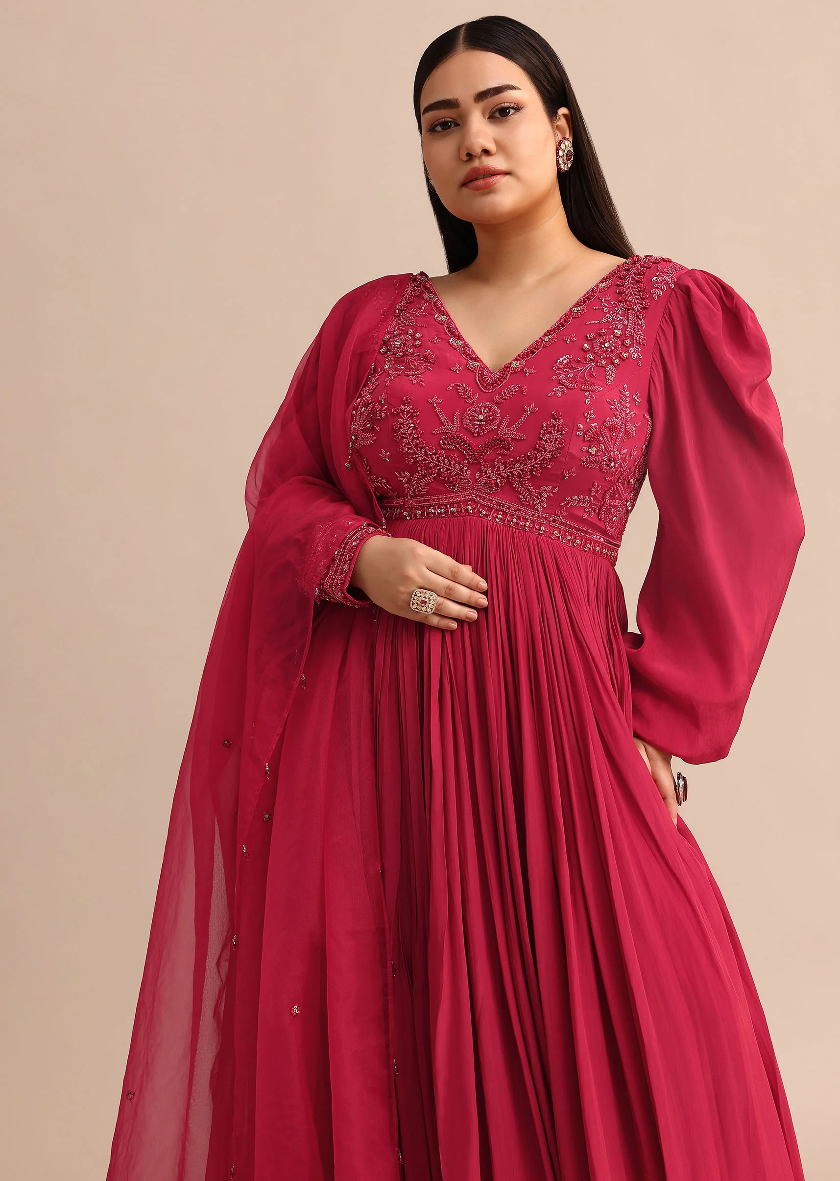 Hand Embroidery Red Anarkali Suit With Organza Dupatta - Image 4