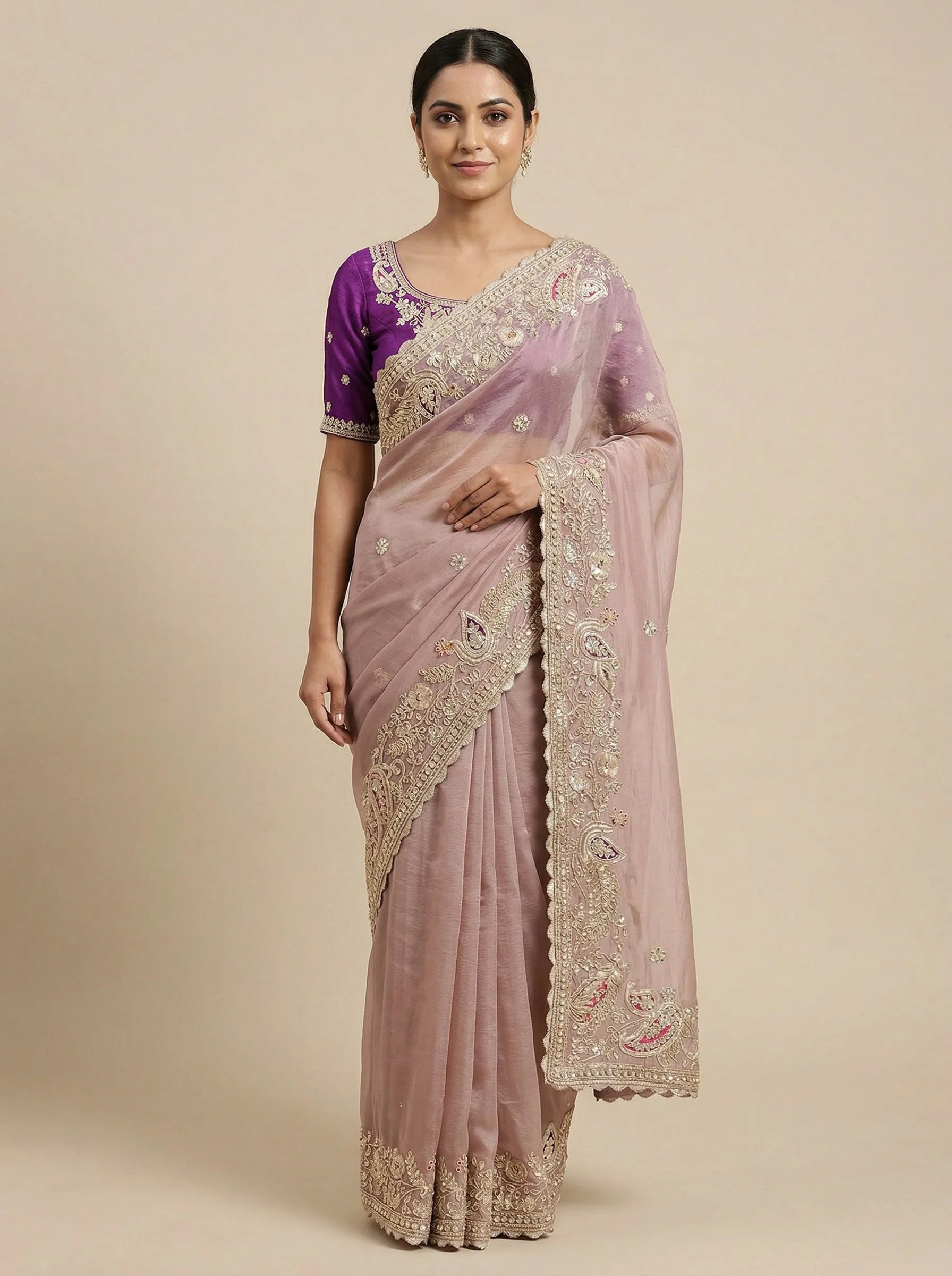 Haze Onion Pink Embroidered Saree