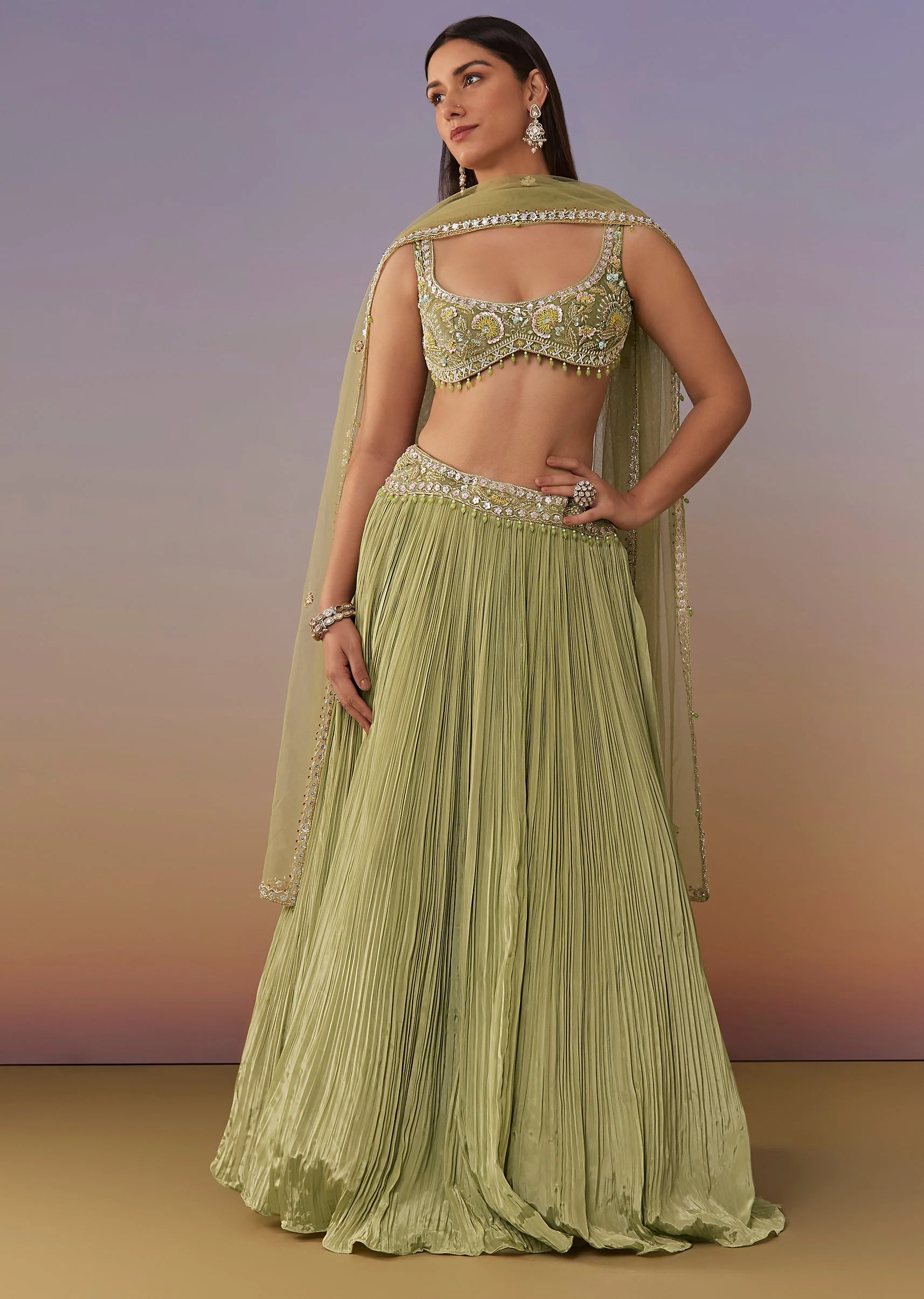 Heavy Embellished Round Neck Blouse Lehenga Set