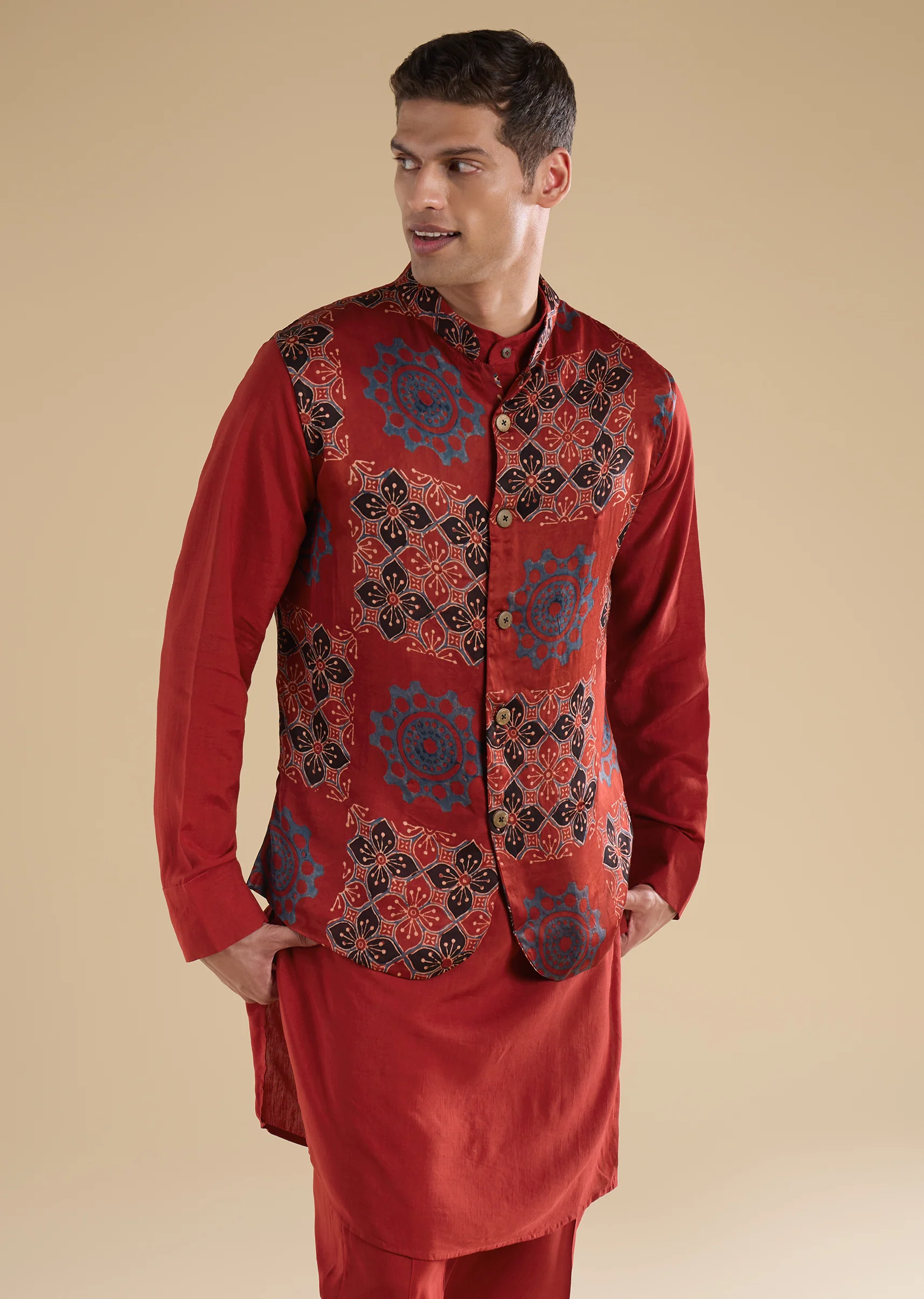 Heritage Ajrakh Couple Set – Maroon Linen Kurta Set With Ajrakh Dupatta For Her And Red Ajrakh Kurta Jacket Set For Him - Image 11