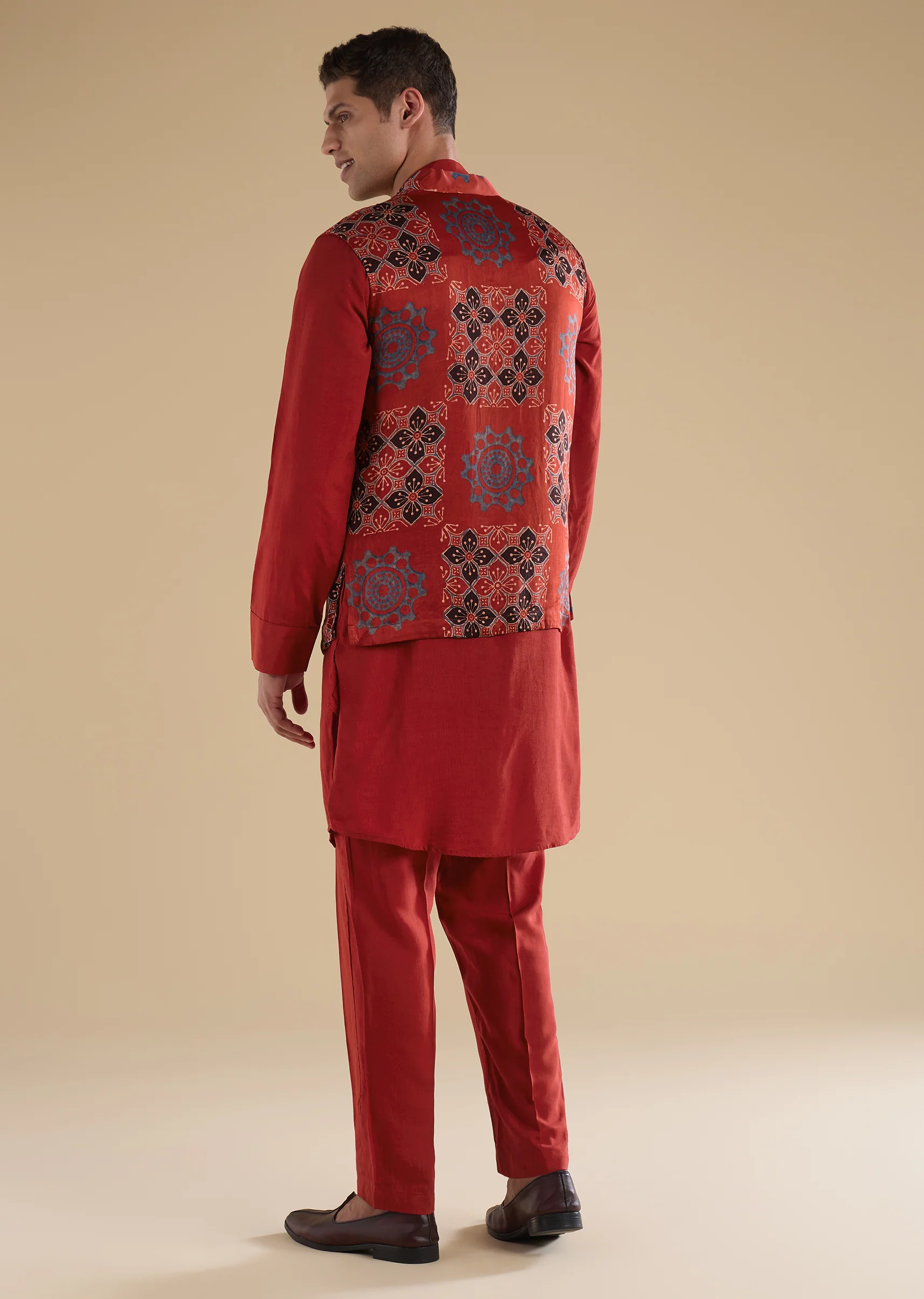 Heritage Ajrakh Couple Set – Maroon Linen Kurta Set With Ajrakh Dupatta For Her And Red Ajrakh Kurta Jacket Set For Him - Image 12