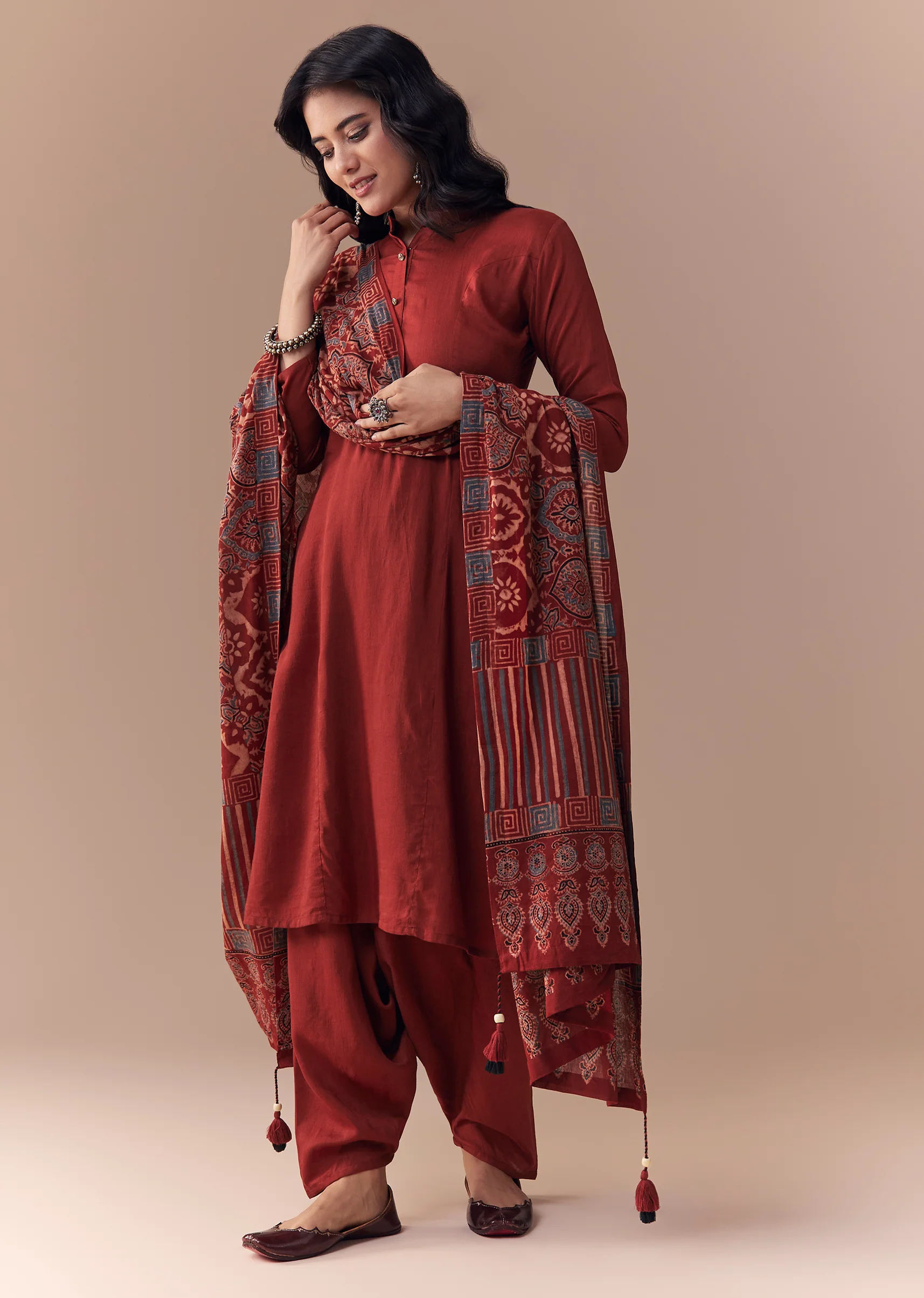 Heritage Ajrakh Couple Set – Maroon Linen Kurta Set With Ajrakh Dupatta For Her And Red Ajrakh Kurta Jacket Set For Him - Image 2