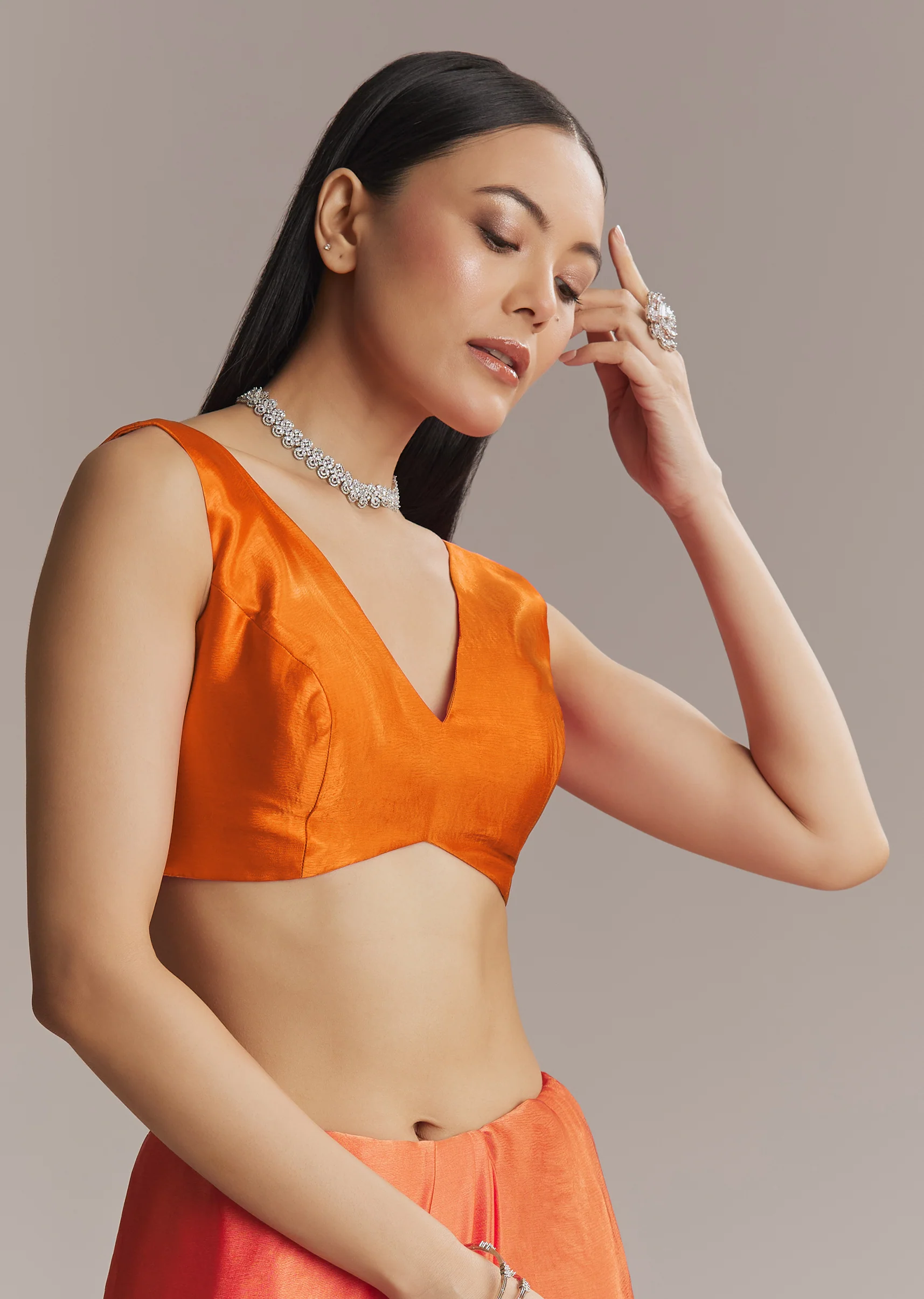 Hot Pink And Orange Chinon Saree With Heavy Embroidery - Image 7