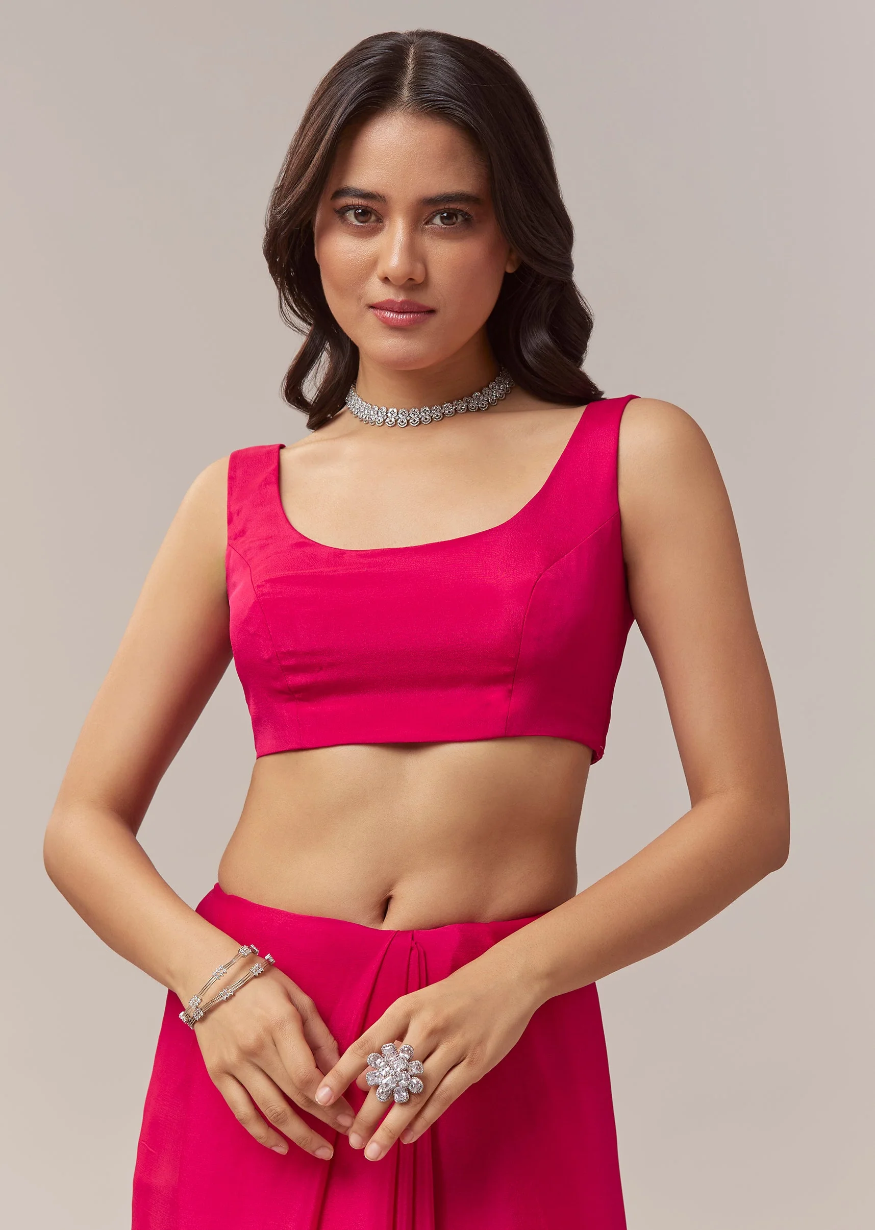 Hot Pink Chinon Saree With Floral Handwork Embroidered Border - Image 8