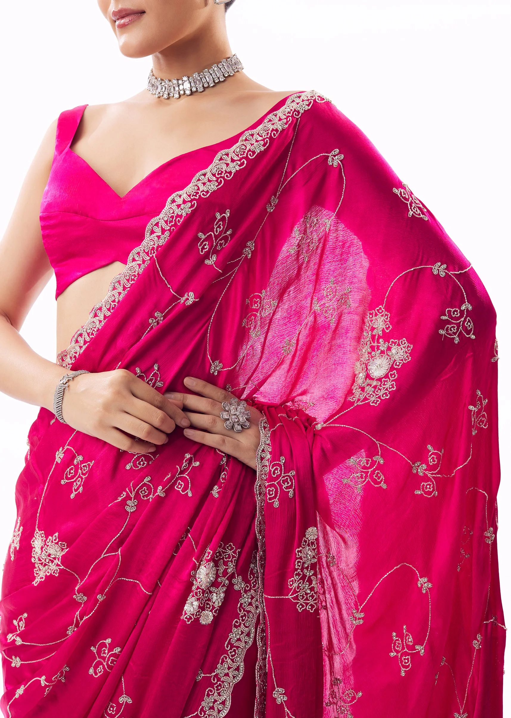 Hot Pink Chinon Saree With Scallop Border And All Over Floral Cutdana Stone Bead Embroidery - Image 2