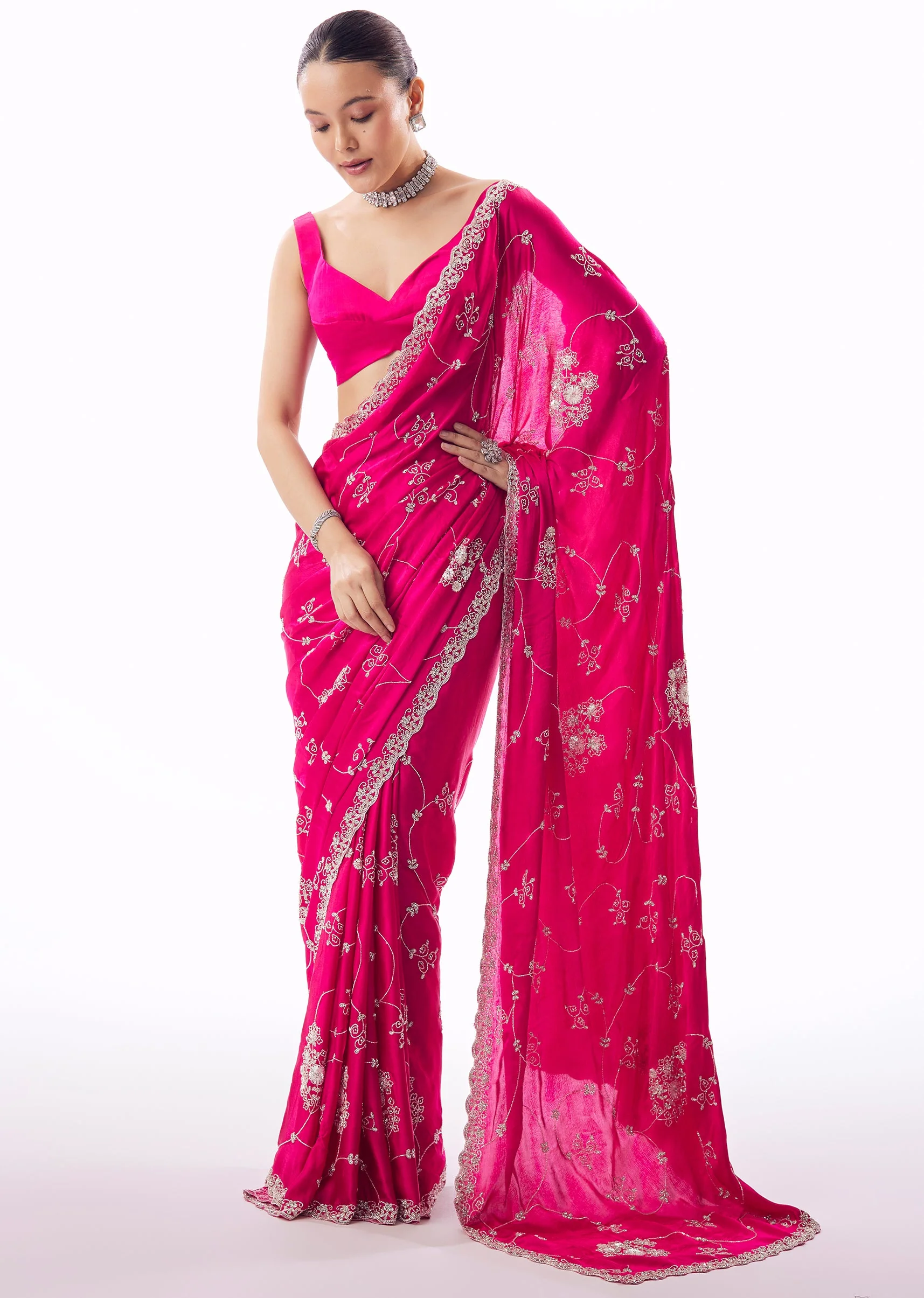 Hot Pink Chinon Saree With Scallop Border And All Over Floral Cutdana Stone Bead Embroidery - Image 3