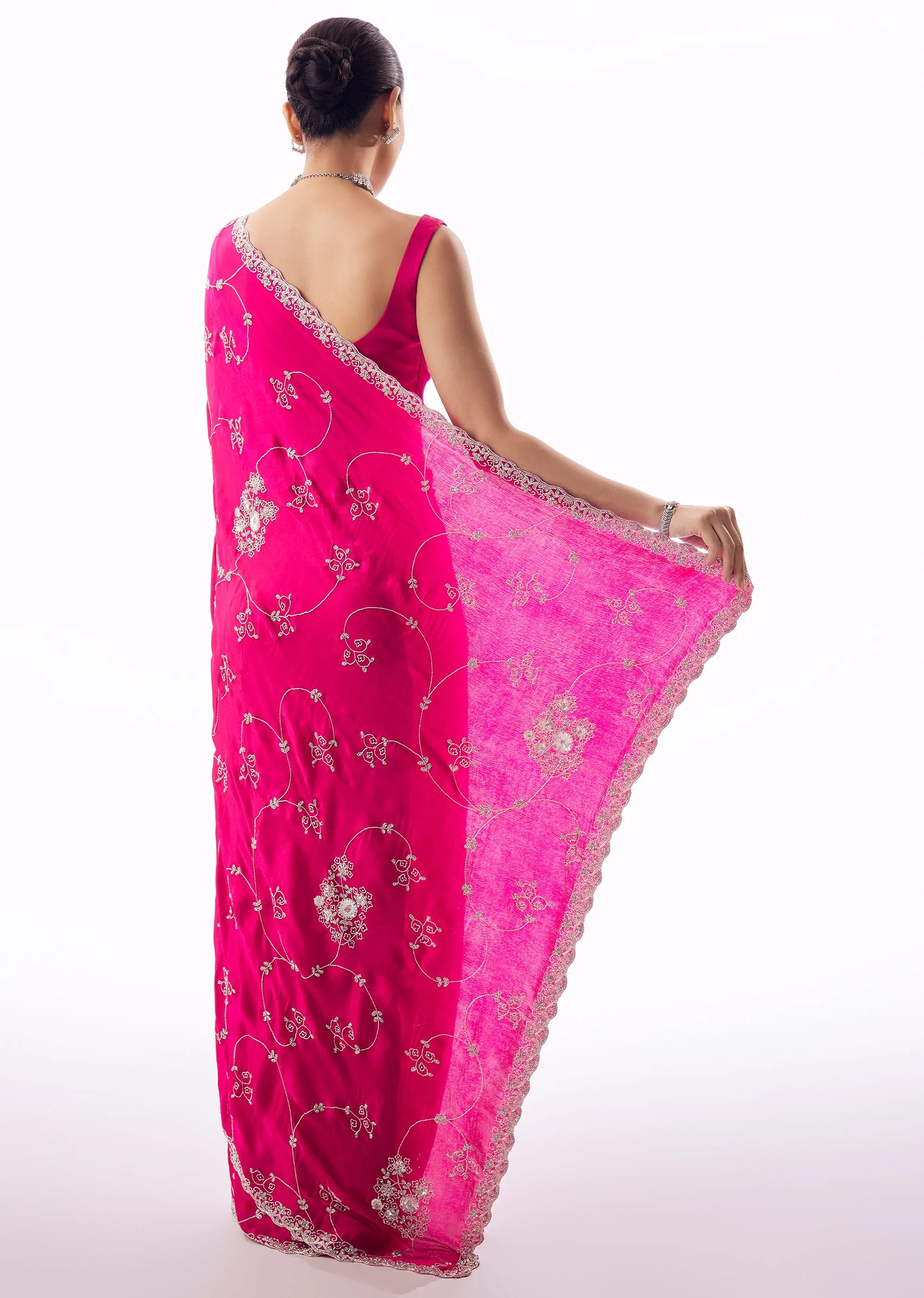 Hot Pink Chinon Saree With Scallop Border And All Over Floral Cutdana Stone Bead Embroidery - Image 4