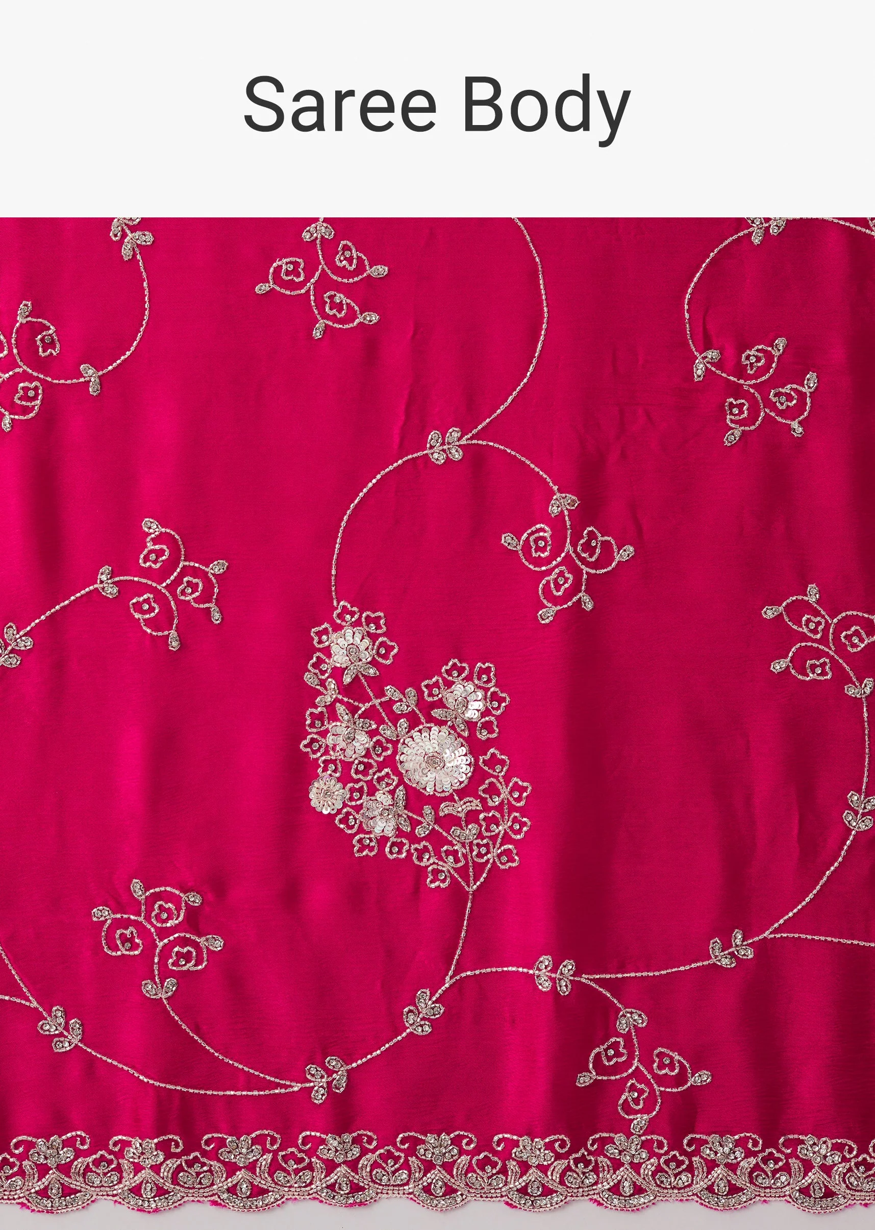 Hot Pink Chinon Saree With Scallop Border And All Over Floral Cutdana Stone Bead Embroidery - Image 9