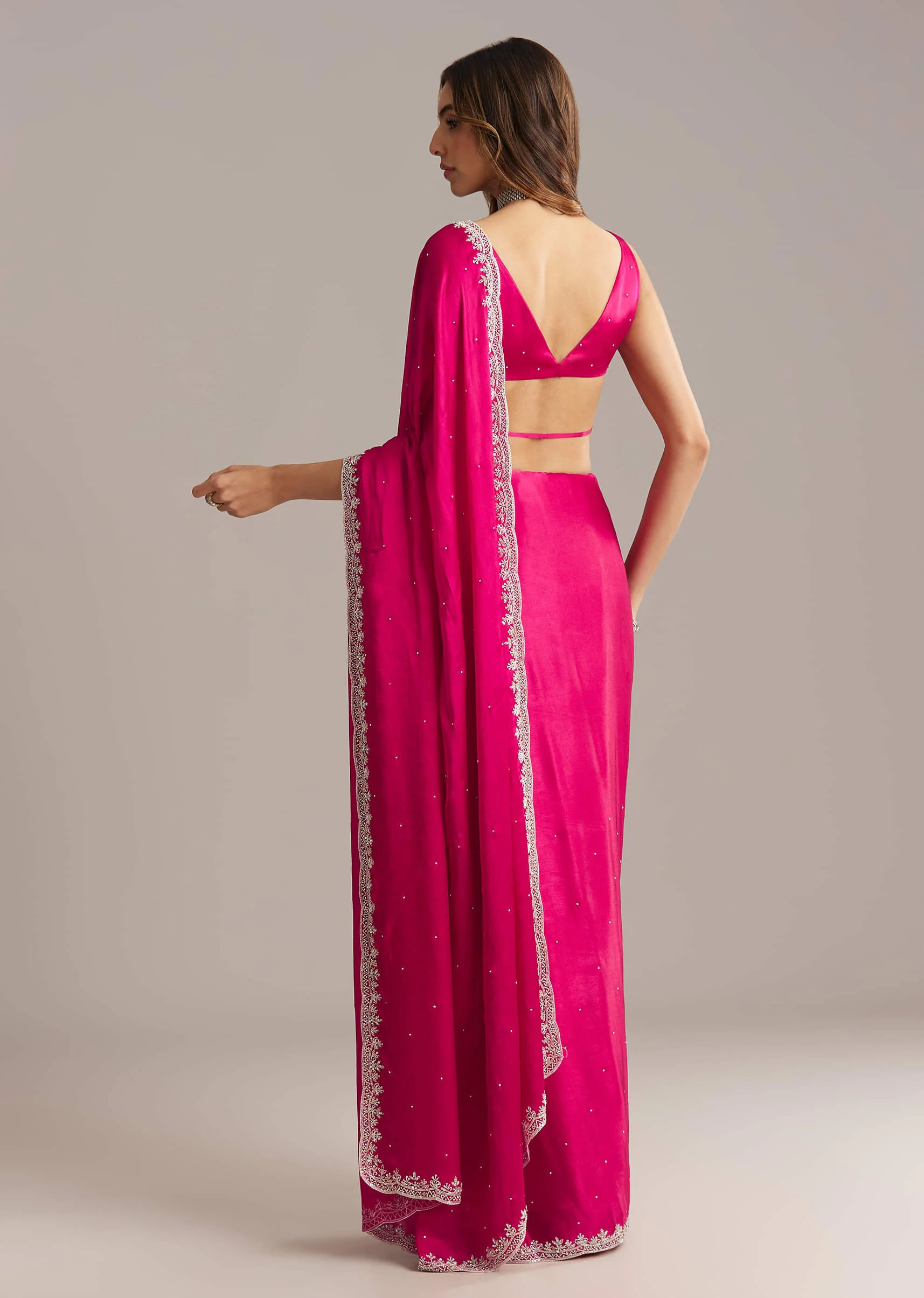 Hot Pink Chinon Saree With Stone And Sequin Embroidery - Image 2