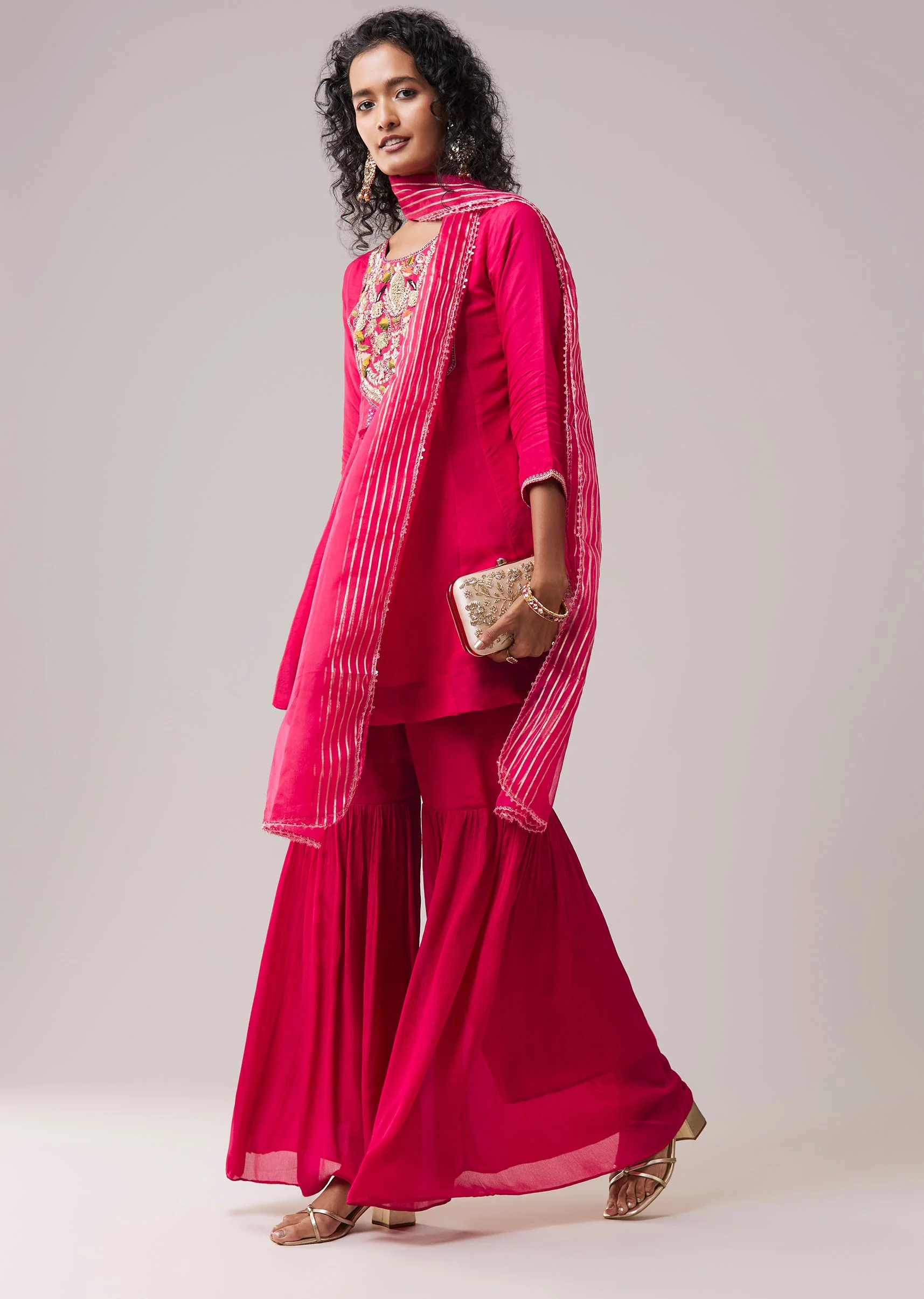 Hot Pink Chinon Silk Kurta Sharara Set - Image 3