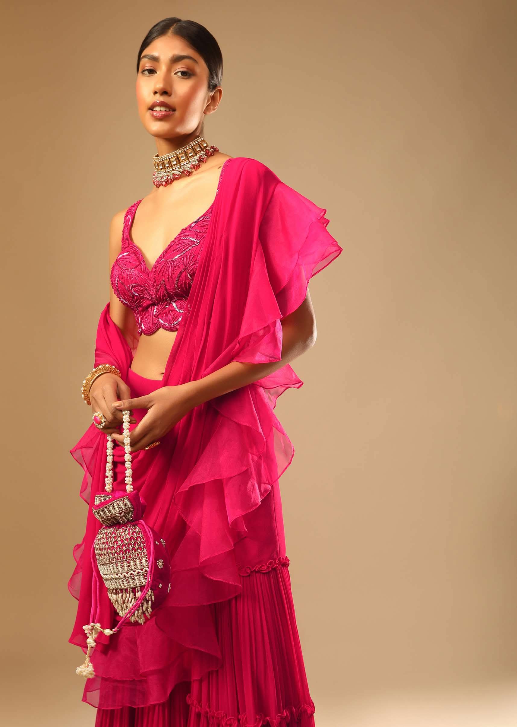Hot Pink Crop Top Sharara Suit With An Attached Ruffle Draped And An Hand Embroidered Leaf Motifs - Image 6