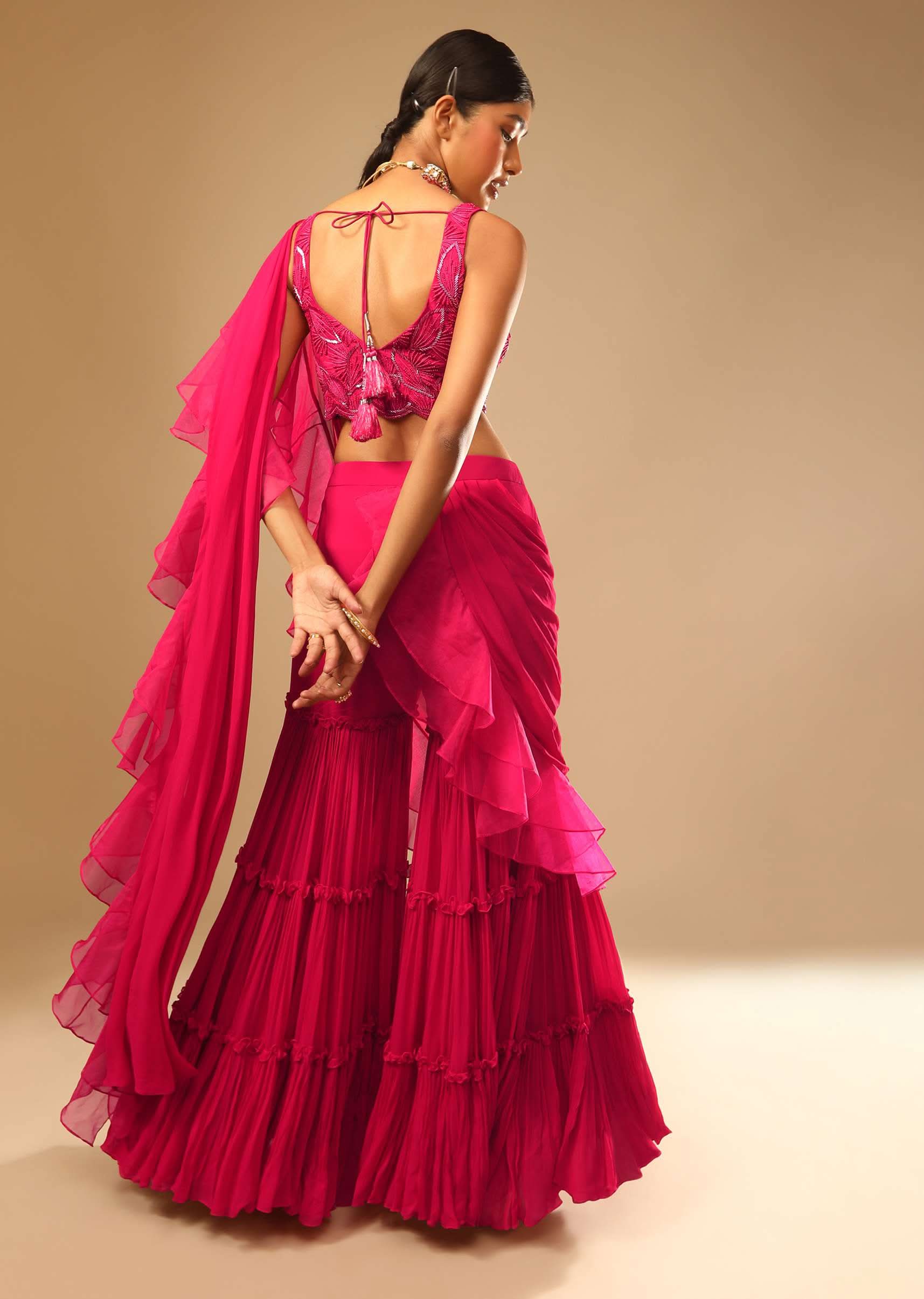 Hot Pink Crop Top Sharara Suit With An Attached Ruffle Draped And An Hand Embroidered Leaf Motifs - Image 7