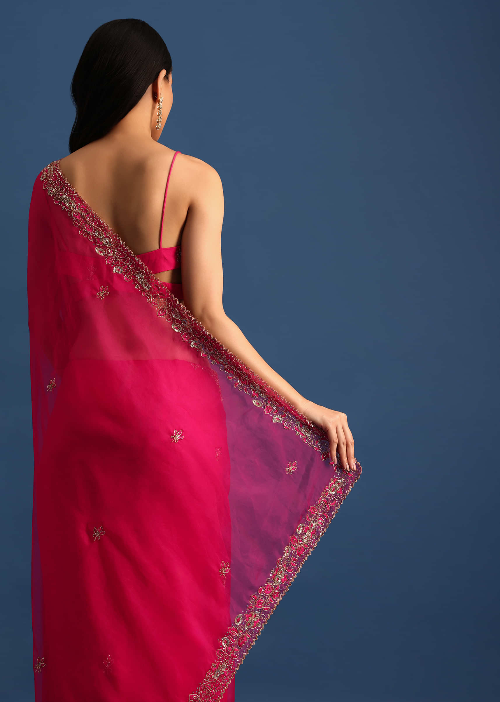 Hot Pink Cutdana Embroidered Saree With Unstitched Blouse - Image 4