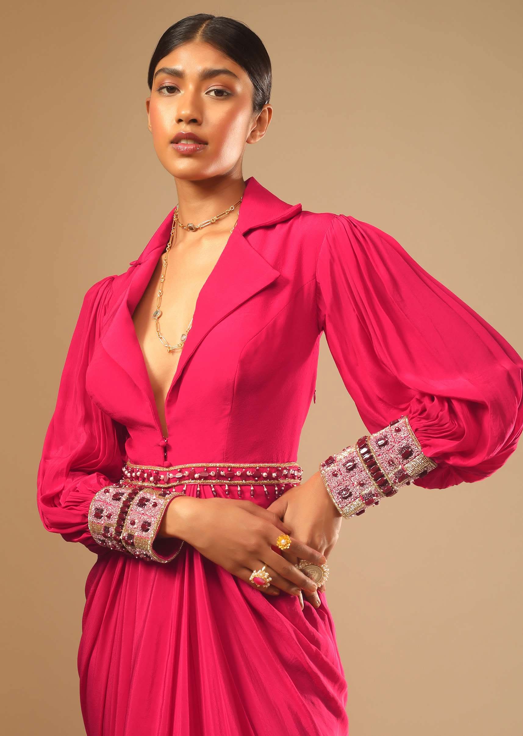 Navy Blue Lehenga In Satin Blend Embellished With Kundan Work In Striped Design - Image 2