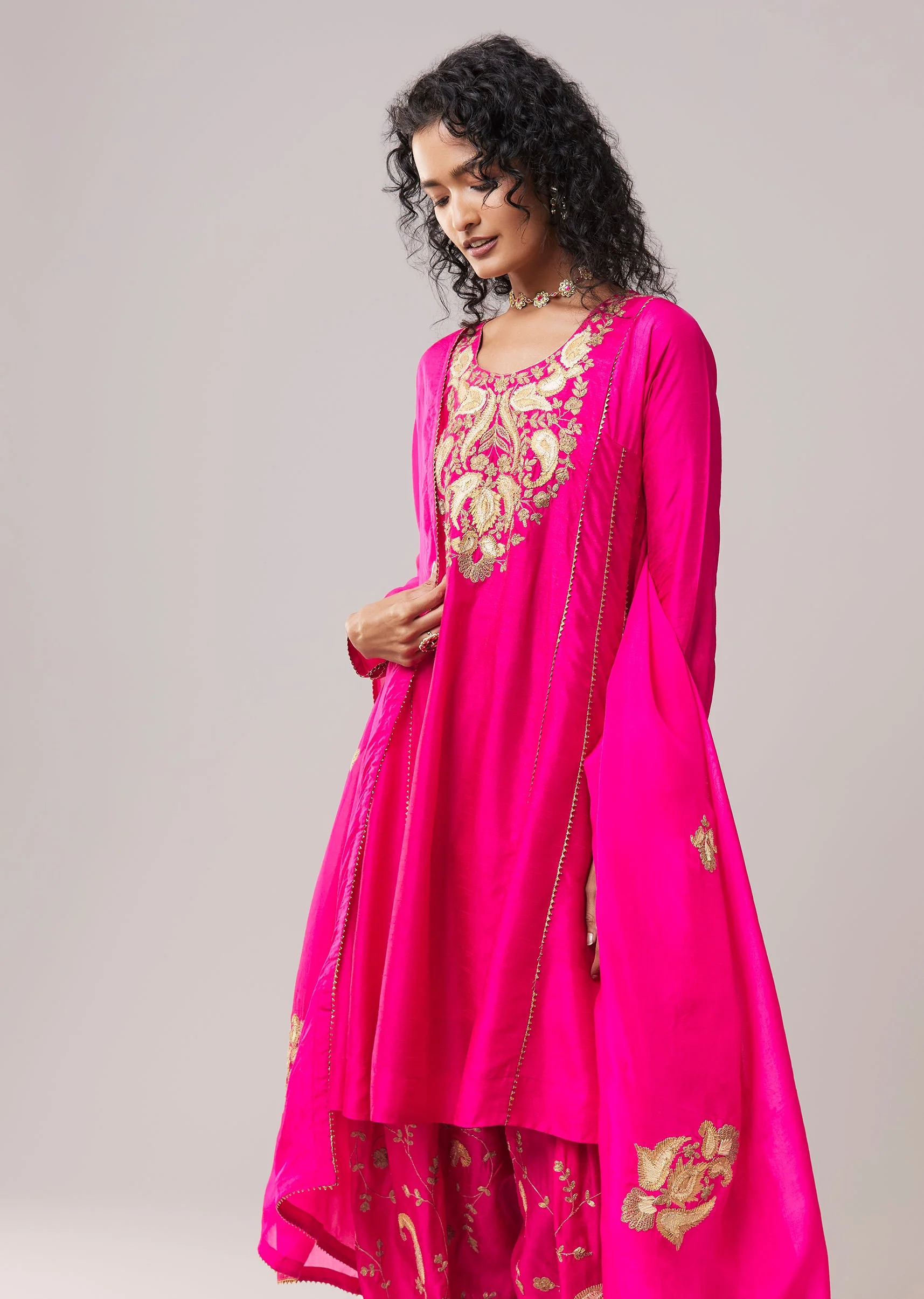 Hot Pink Gota Work Silk Anarkali Set - Image 4