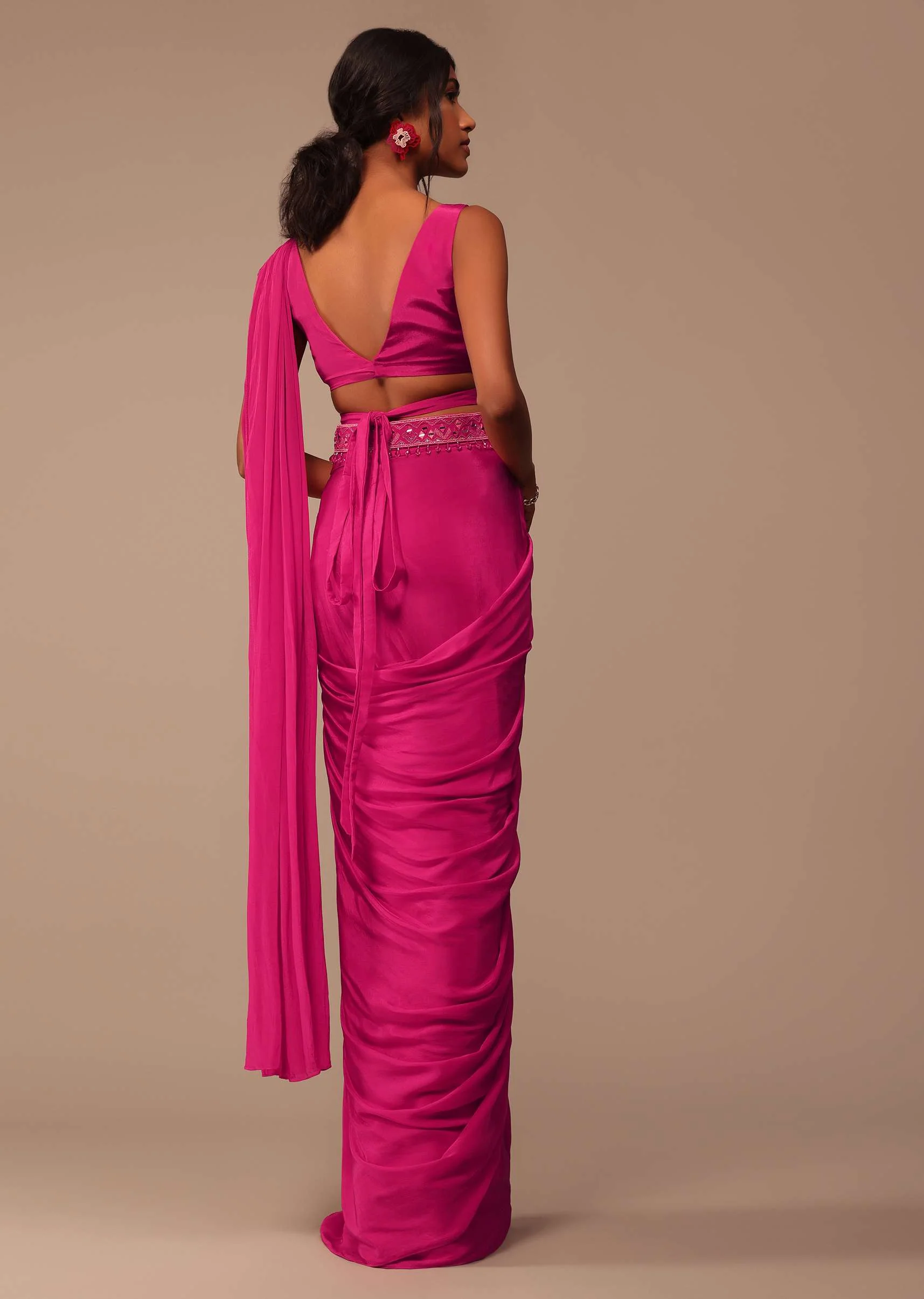 Hot Pink Readymade Saree With Embroidered Belt - Image 4