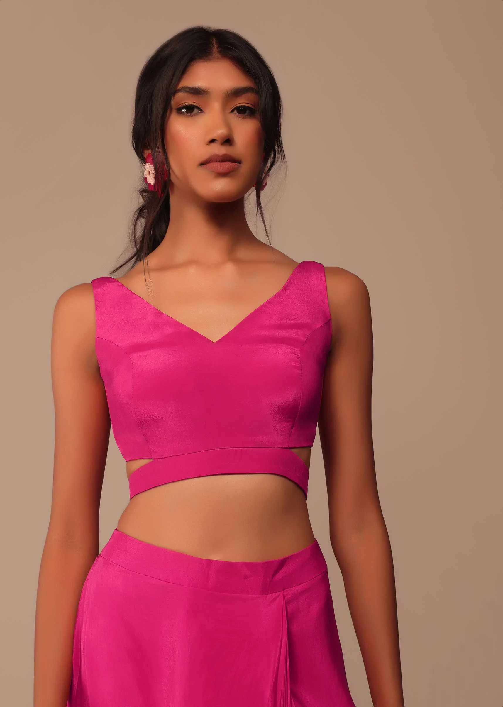 Hot Pink Readymade Saree With Embroidered Belt - Image 6