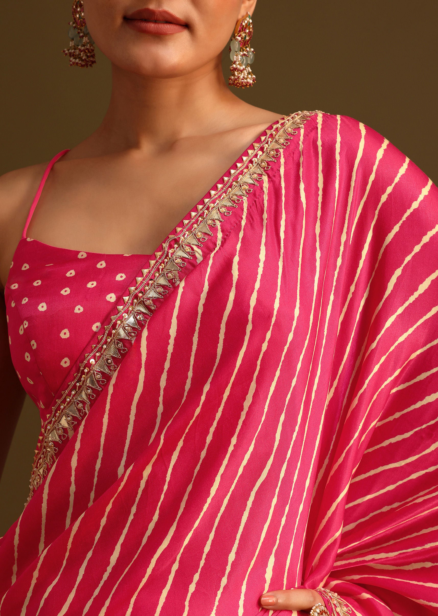 Hot Pink Lehariya Saree In Gota Patti Work With Unstitched Blouse - Image 2