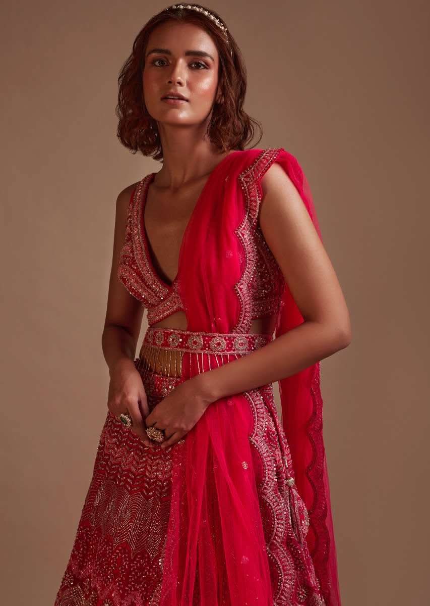 Hot Pink Lehenga Choli In Net With Mirror Work In Floral And Mughal Motifs Along With A Tassel Belt - Image 2
