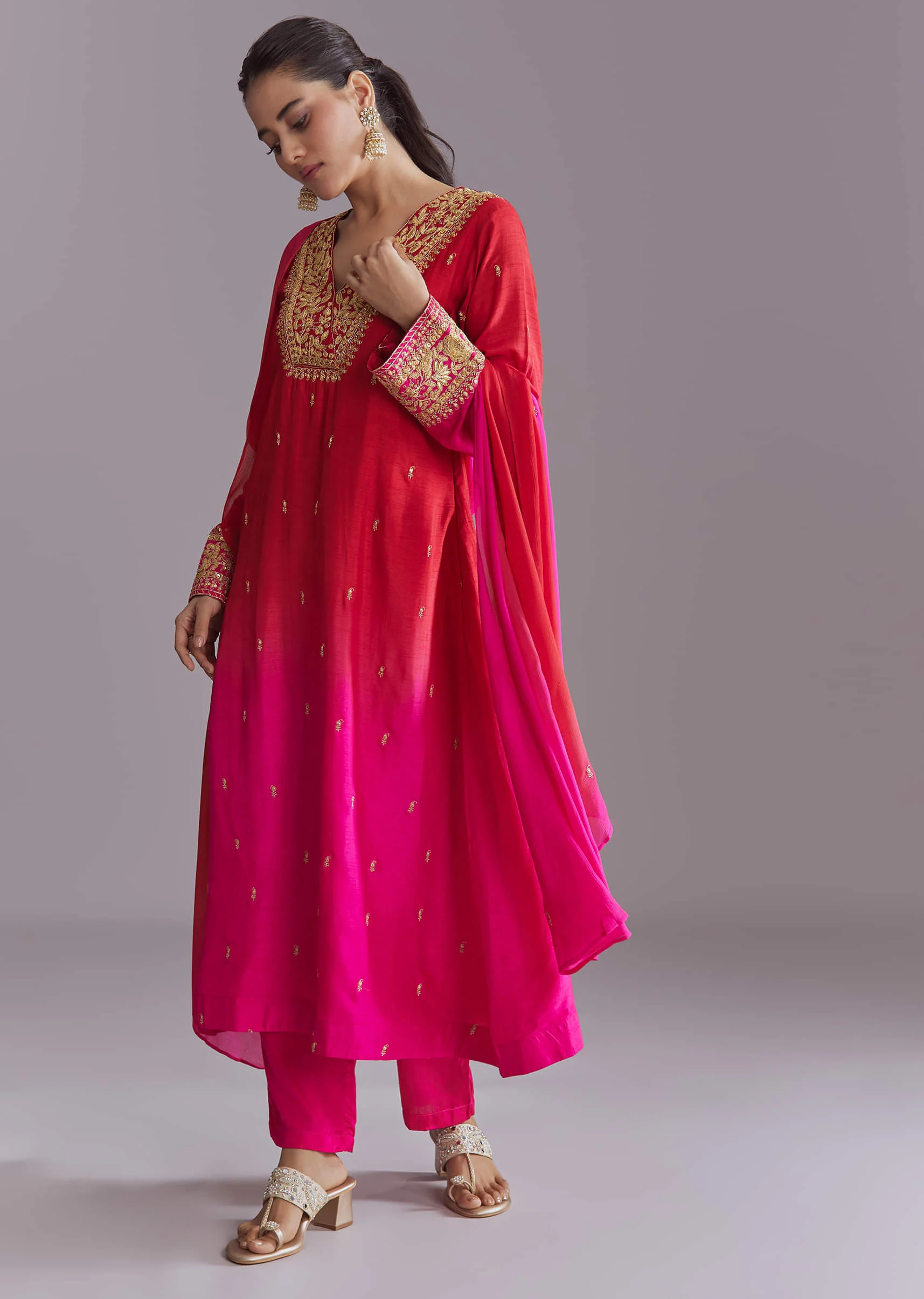 Hot Pink Ombre Silk Kurta Set With Zari Embroidery - Image 3