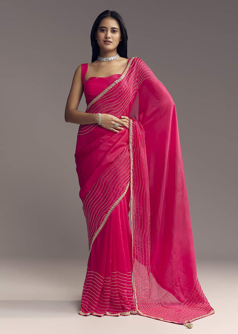 Hot Pink Organza Saree With Stone And Cut Dana Work - Image 3
