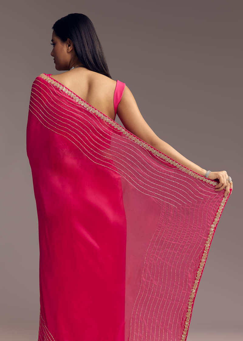Hot Pink Organza Saree With Stone And Cut Dana Work - Image 4