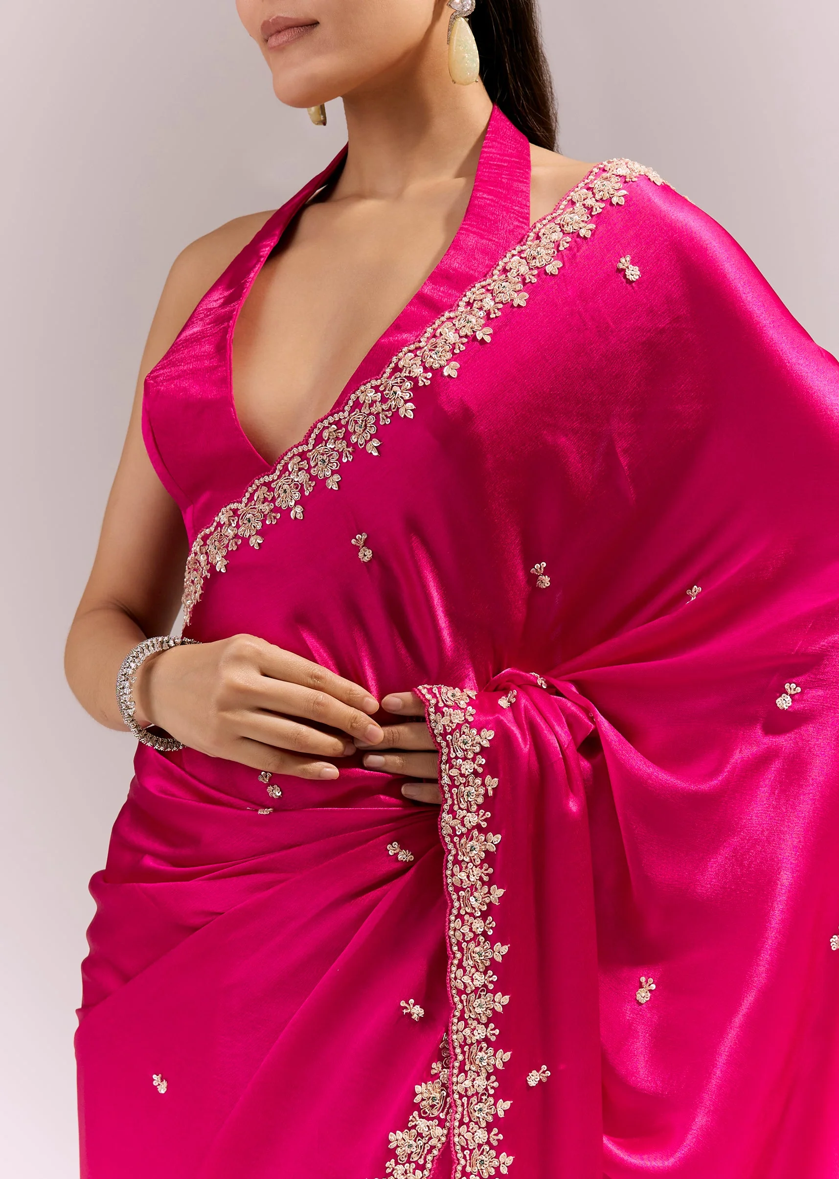 Hot Pink Satin Chinon Saree With Hand Embroidered Border And Buttis - Image 2