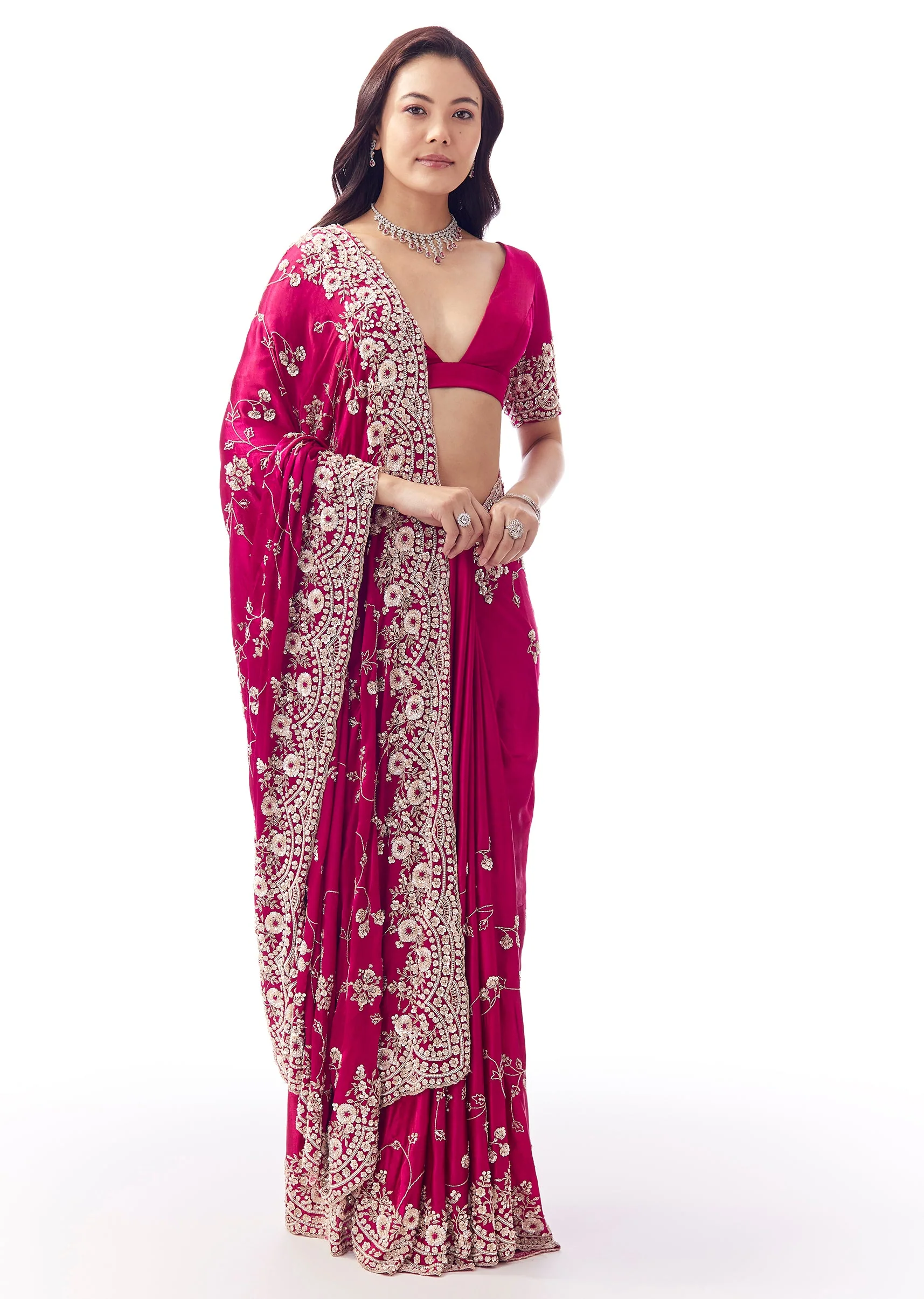Hot Pink Satin Chinon Saree With Heavy Scalloped Embroidered Border And Floral Jaal - Image 3