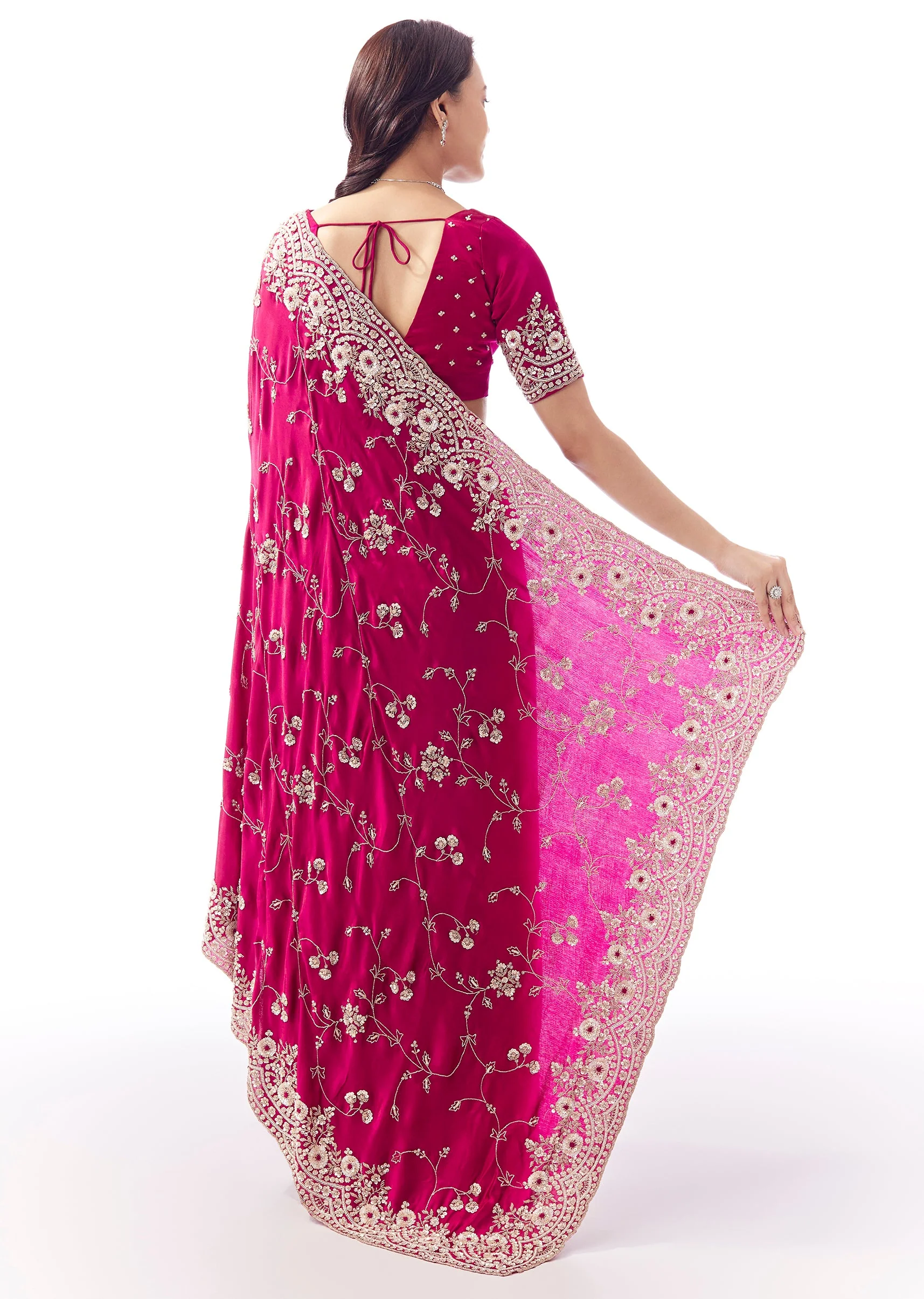 Hot Pink Satin Chinon Saree With Heavy Scalloped Embroidered Border And Floral Jaal - Image 4