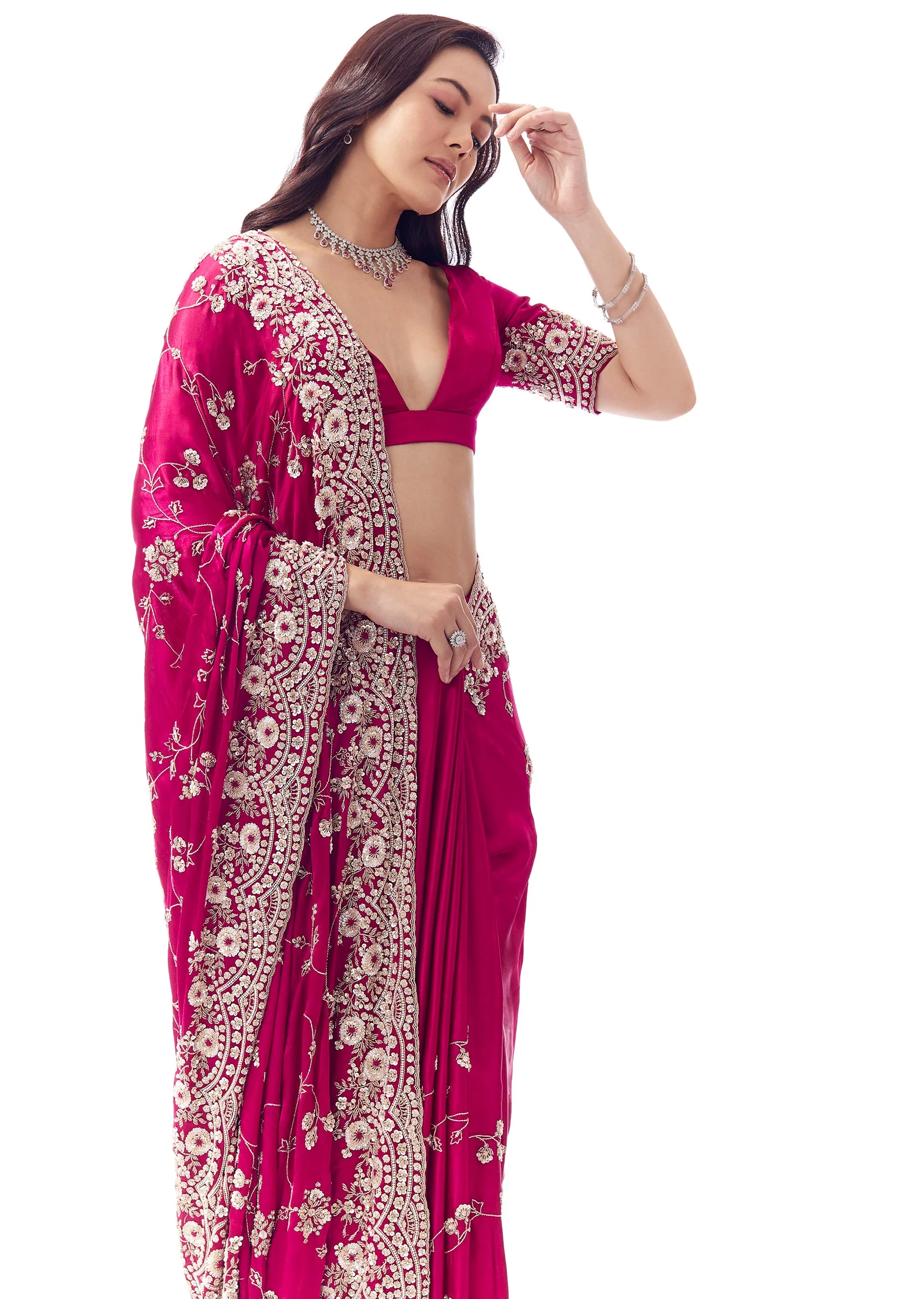 Hot Pink Satin Chinon Saree With Heavy Scalloped Embroidered Border And Floral Jaal - Image 5