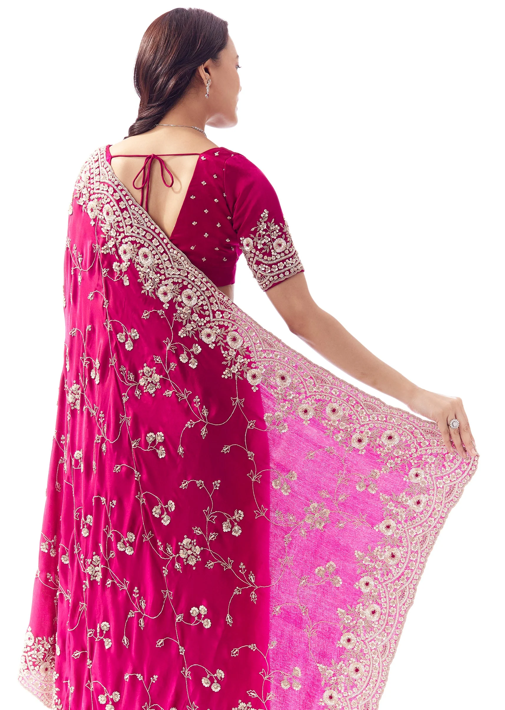 Hot Pink Satin Chinon Saree With Heavy Scalloped Embroidered Border And Floral Jaal - Image 6