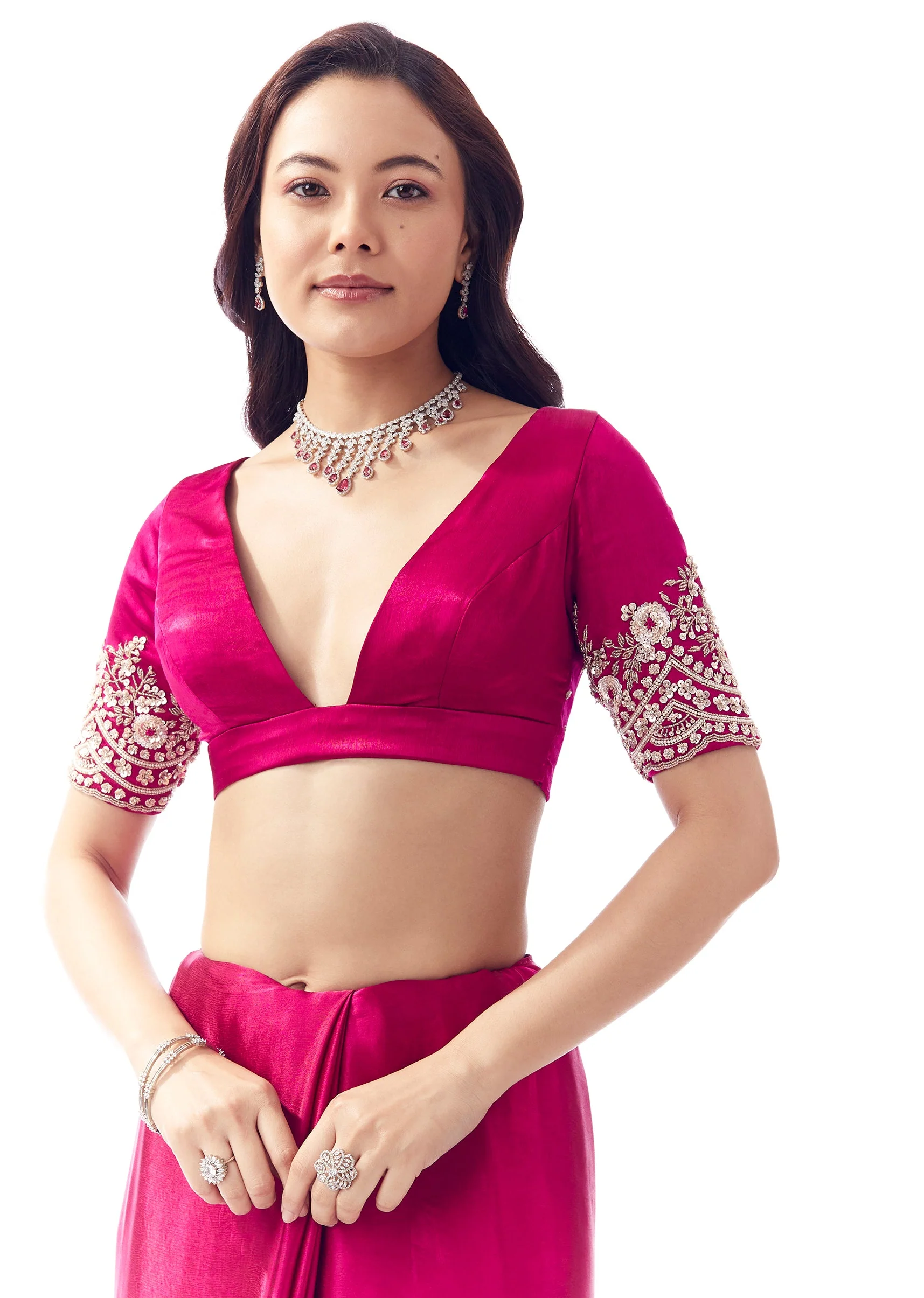 Hot Pink Satin Chinon Saree With Heavy Scalloped Embroidered Border And Floral Jaal - Image 7