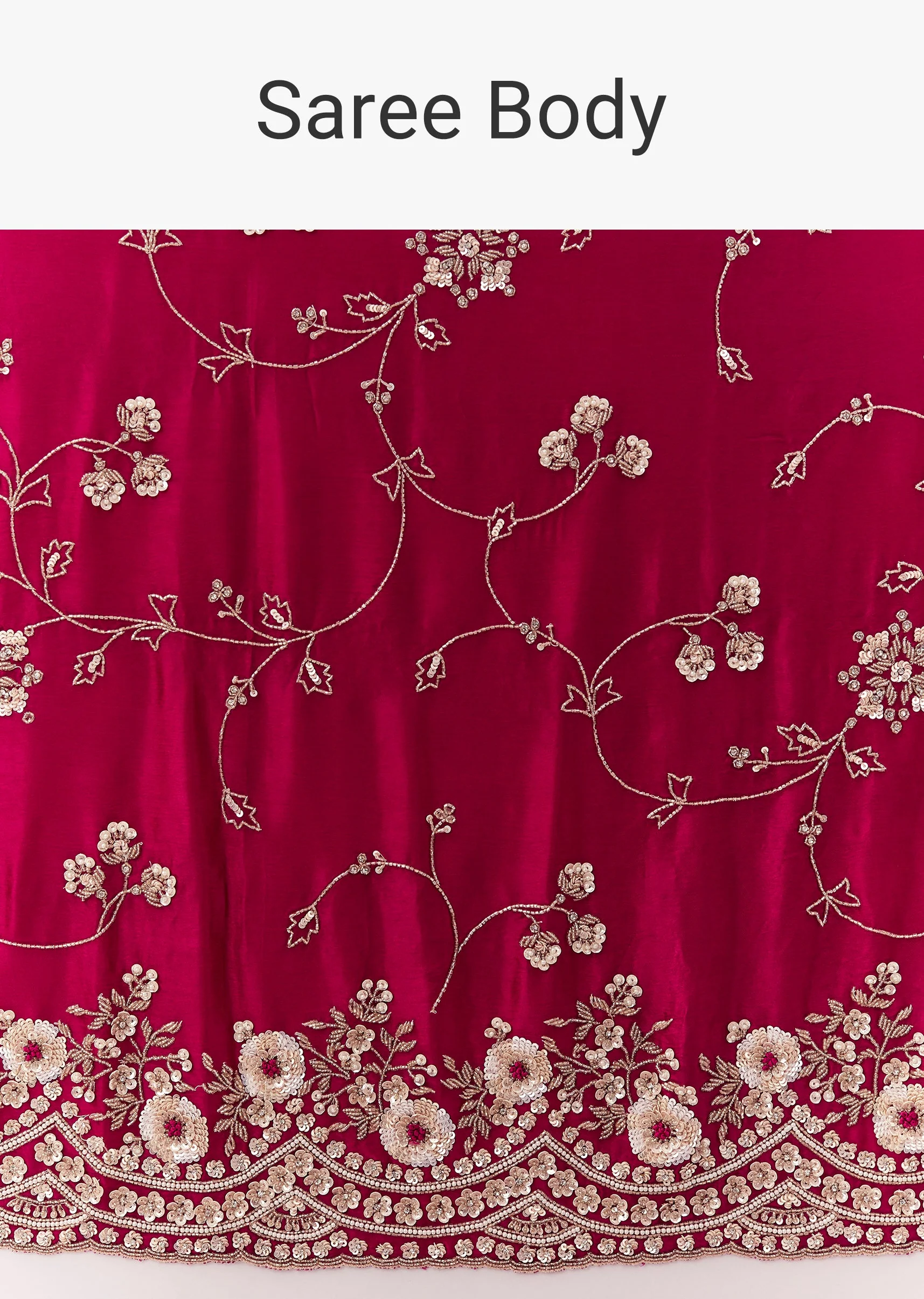 Hot Pink Satin Chinon Saree With Heavy Scalloped Embroidered Border And Floral Jaal - Image 9